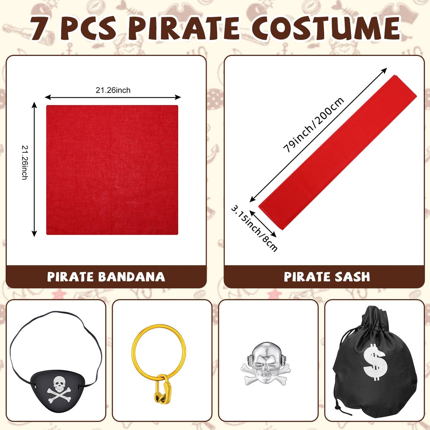 7 Pcs Pirate Costume Accessories for Kids  Pirate Eye Patch Head Bandana Red Sash Inflatable decorative replica blade Earring Skull Ring Coin Bag Halloween Dress up Set for Role Play Party