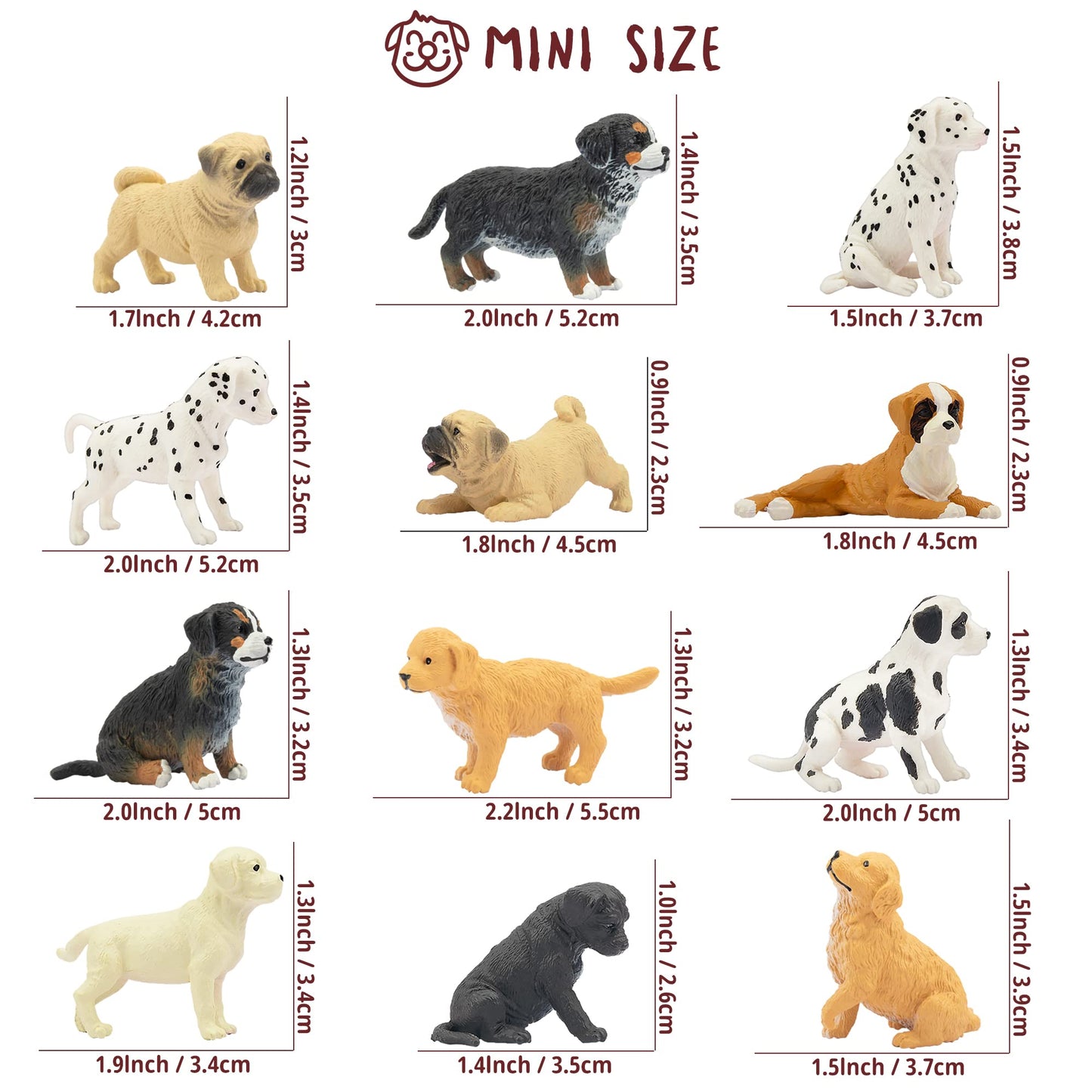 Toymany 12Pcs Mini Dog Figurines Playset, Realistic Detailed Plastic Puppy Figures, Hand Painted Emulational Tiny Dogs Animals Toy Set, Cake Toppers Christmas Birthday Gift For Kids Toddlers