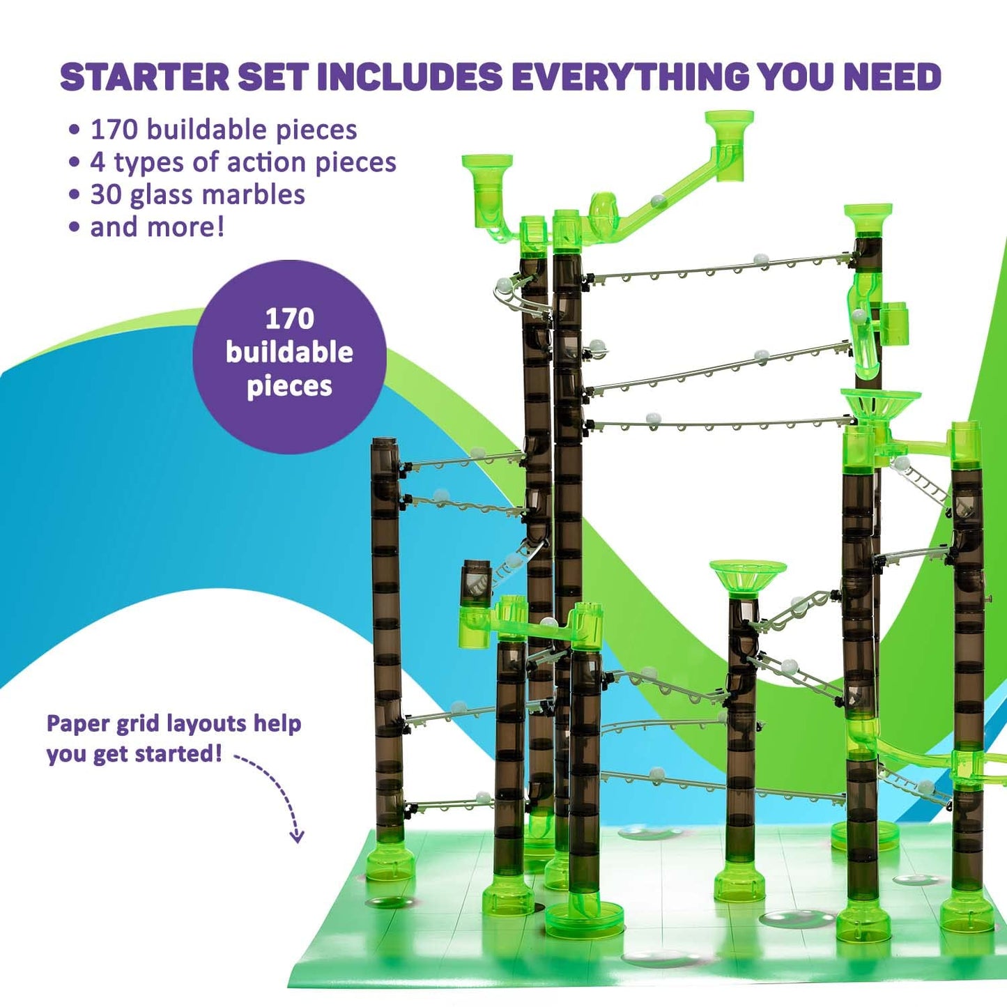 Marble Genius Marble Rails Starter Set, 200 Piece Marble Run For Kids 8+ (30 Marbles, 30 Rail Pieces, 12 Base Pieces & More), Stem, Full-Color Instructions, Great For Kids & Teens