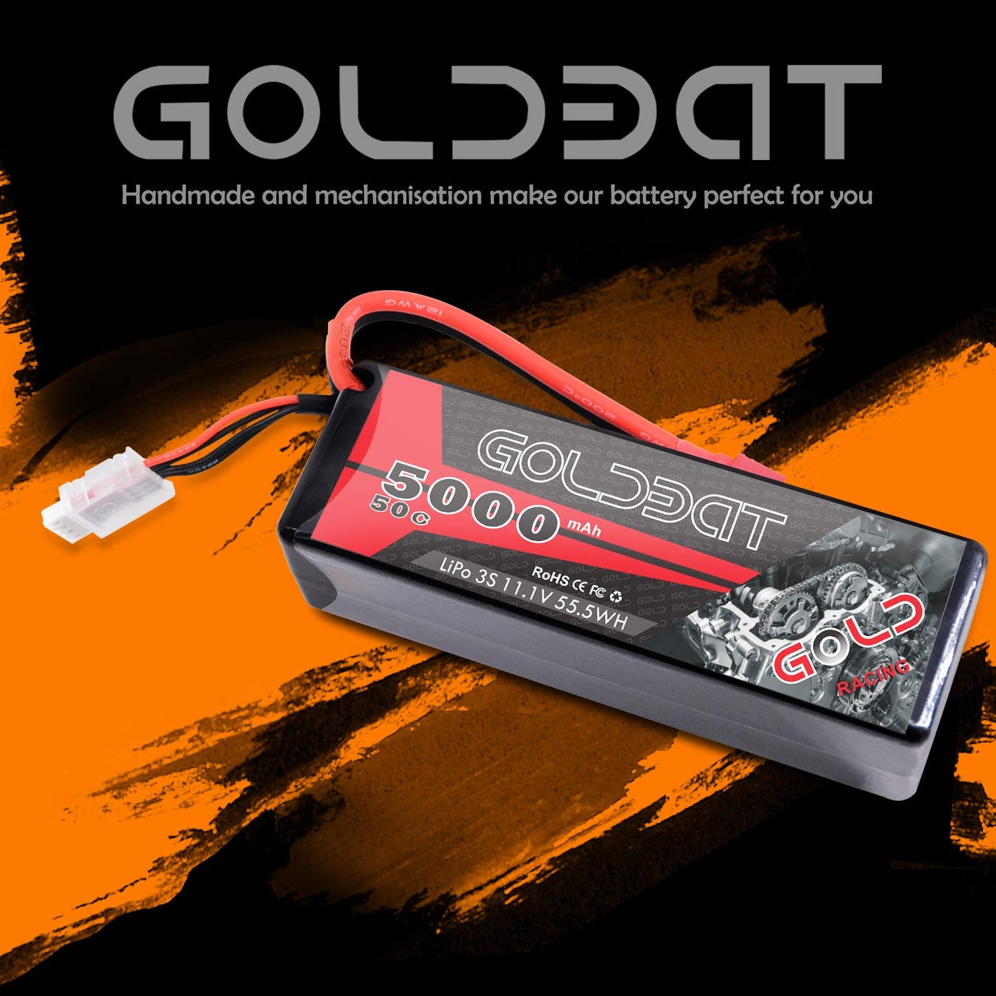 GOLDBAT 11.1V 5000mAh 3S 50C LiPo RC Battery Hard Case Pack with Deans Connector for Emaxx Axial RC Car Truck Buggy Truggy Vehic