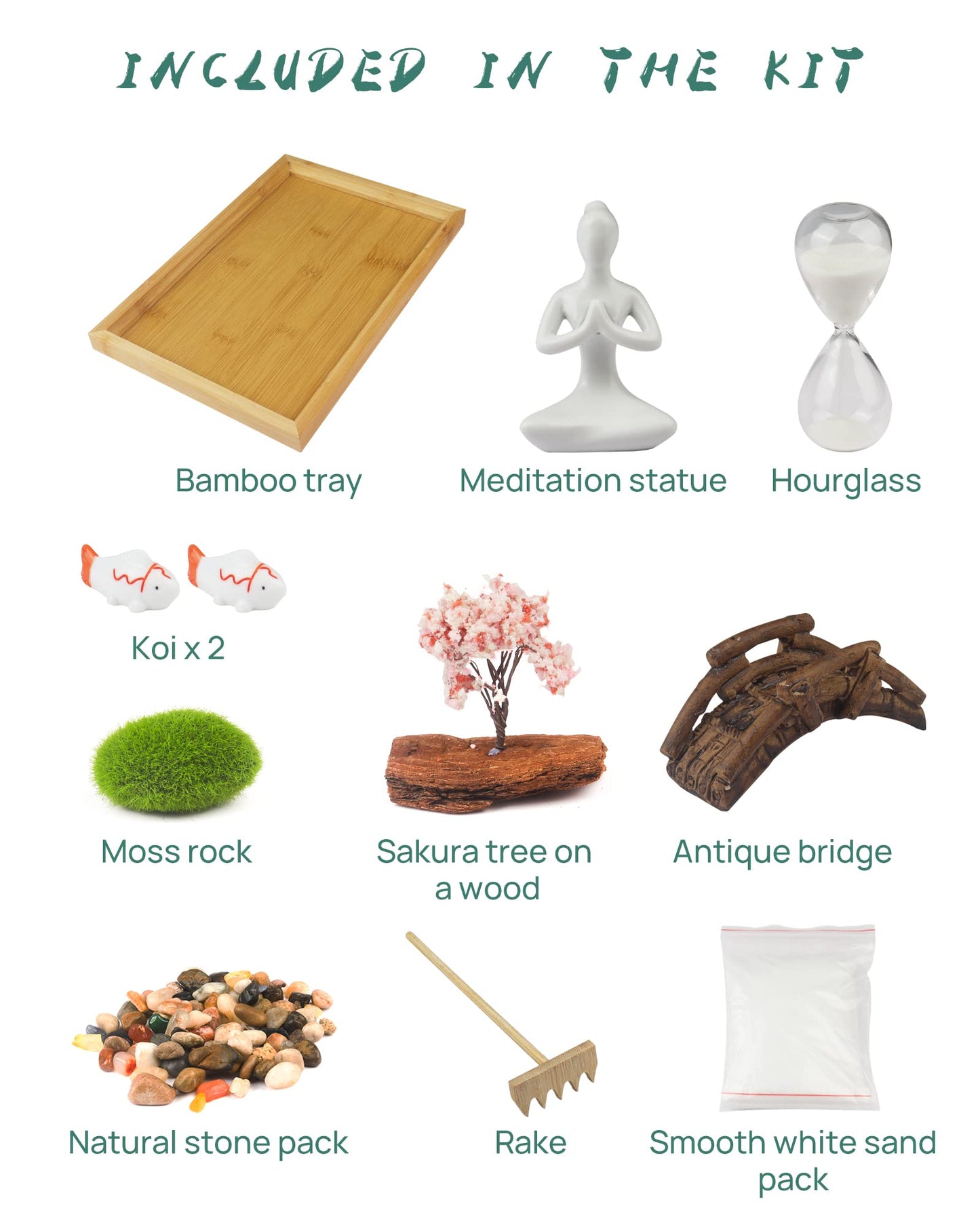 Melonva Japanese Zen Garden For Desk - Life Flows 12'' X 8'' Desktop Mini Zen Garden With White Sand Artificial Tree Rocks Rakes