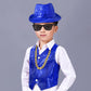 Kids Dance Hip Hop Jazz Costume Boys Sequin Vest Hat Sunglasses Set For Dance Party 3-4T Blue