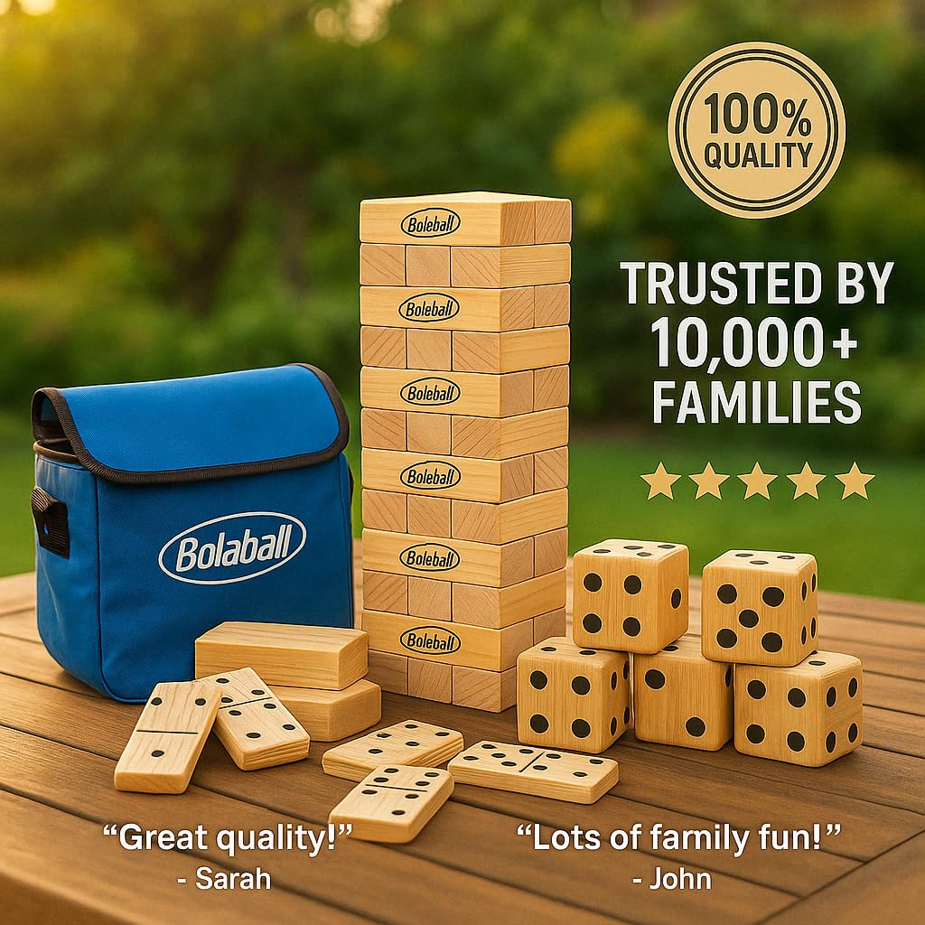 Outdoor Game Set Including 45 Giant Tumbling Blocks, 28 Giant Dominoes, and 6 Giant Dice, Giant Outdoor Games for Family Fun, Se