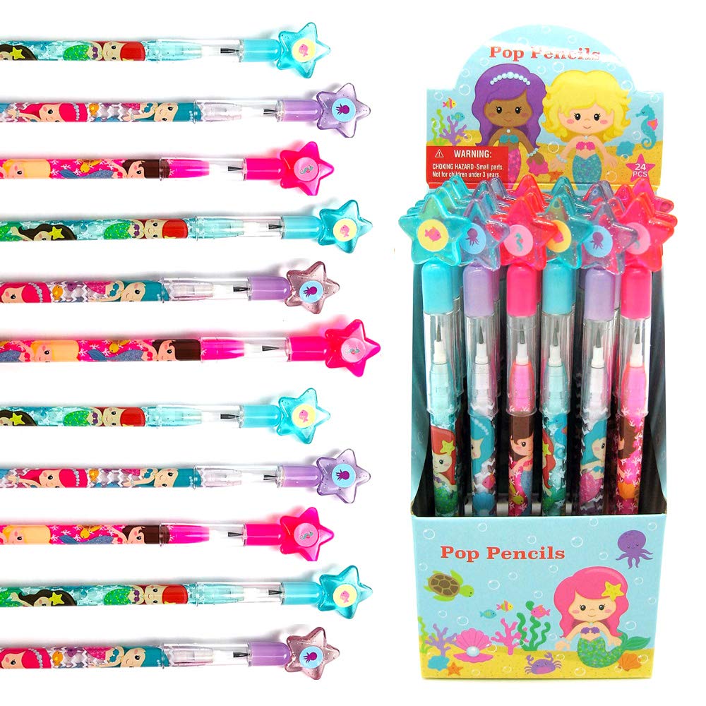 TINYMILLS 24 Pcs Mermaids Multi Point Stackable Push Pencil Assortment with Eraser for Shark Birthday Party Favor Prize Carnival