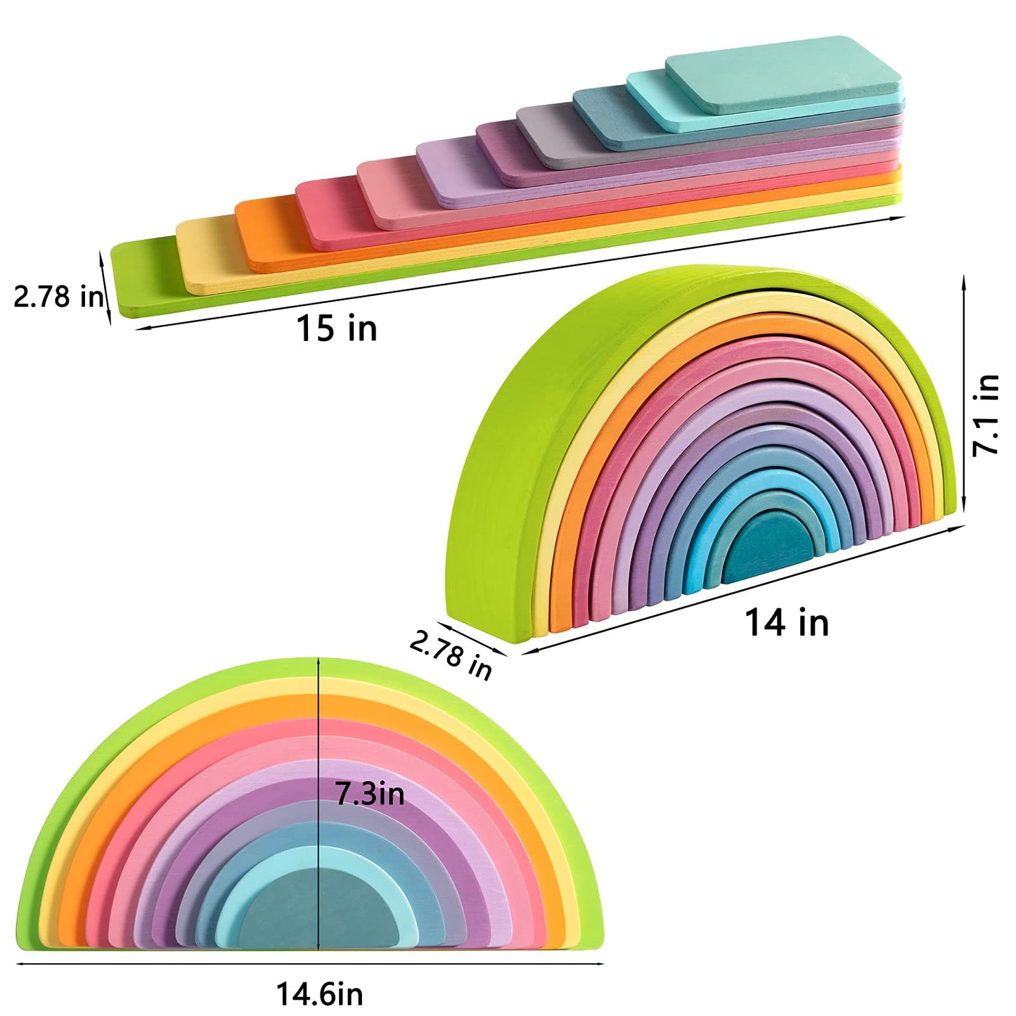 Merryheart Wooden Rainbow Stacker Set - Rainbow Stacking Toy Set With Rainbow Stacker, Semicircle, Building Board - Waldorf Wooden Open Ended Stacking Toys - Great For As Gift (Pastel Rainbow-3 Pack)
