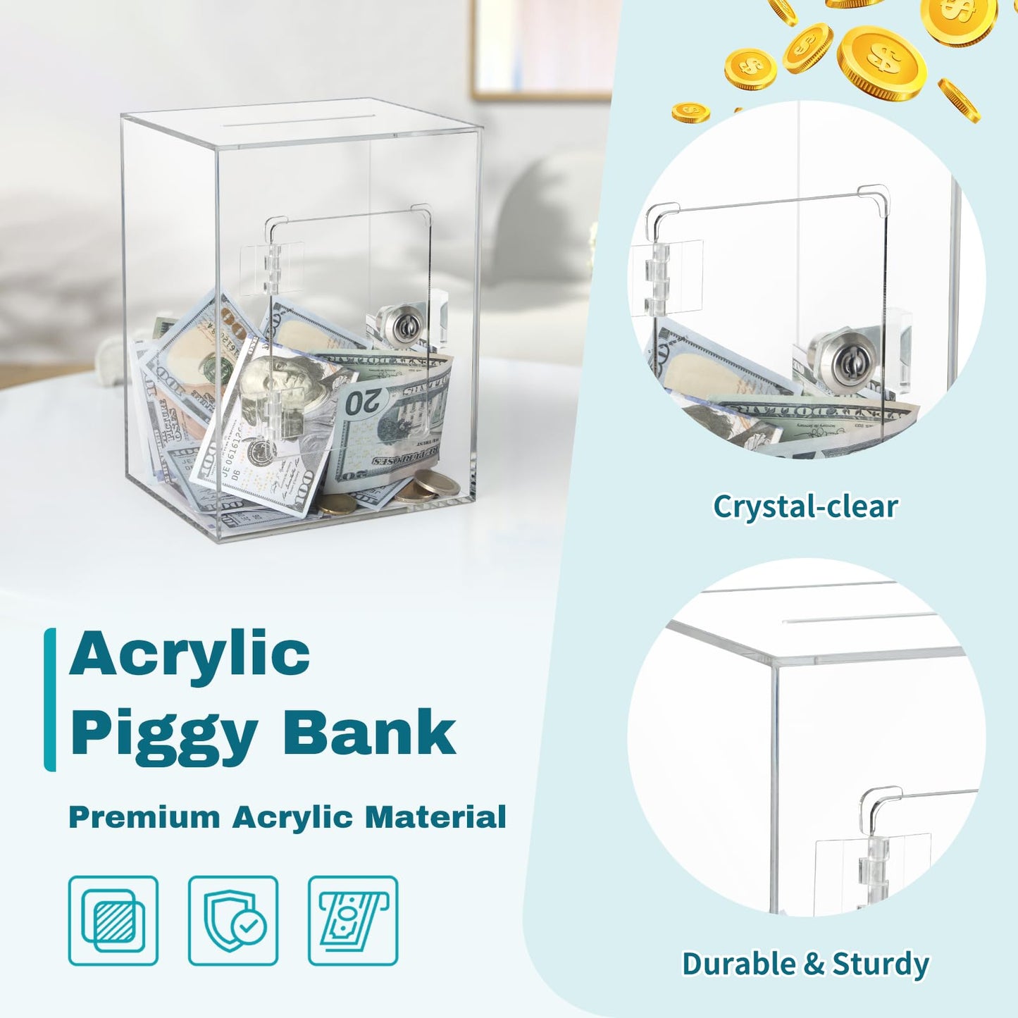 Imeepa Clear Acrylic Piggy Bank With Lock And Key For Kids Adults, Openable Money Saving Box For Cash Coins Real Money (Clear)