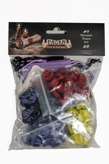 Capstone Games Pagan: Fate of Roanoke - Wooden Token Set, 125 Painted Game Pieces & 3 Custom Screen Printed Cloth Bags