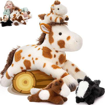 Maogolan 4 Pcs Horse Plush Stuffed Animal, Large Stuffed Mommy Horse With Babies Pony Toys Plushies,Horse Stuffed Animal Bulk Fo