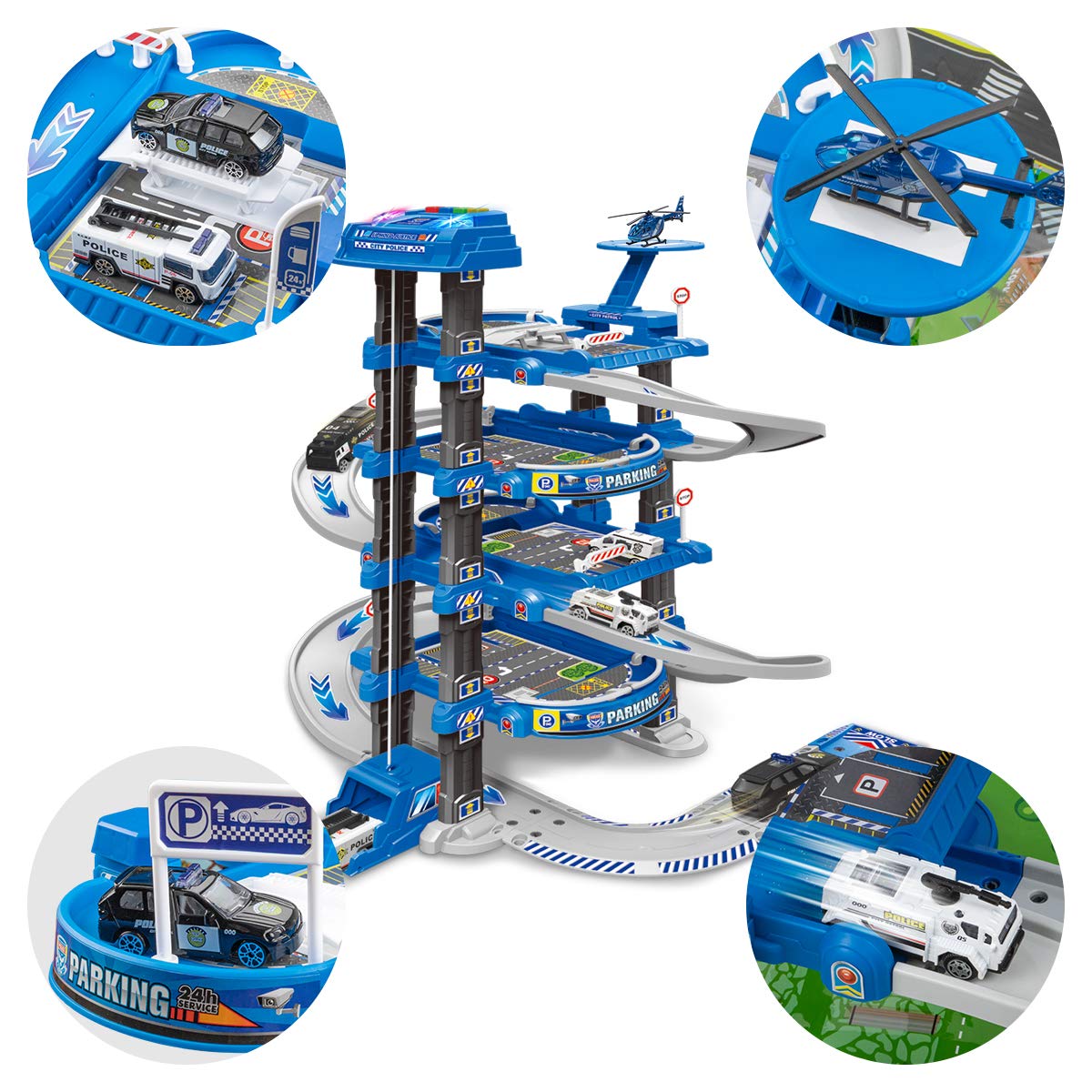 Unih Kids Garage Toy Set, Toy Vehicle Garage For Toddlers, Race Car Ramp Track Toy, Parking Garage Playset Toy With Play Mat(Blue)