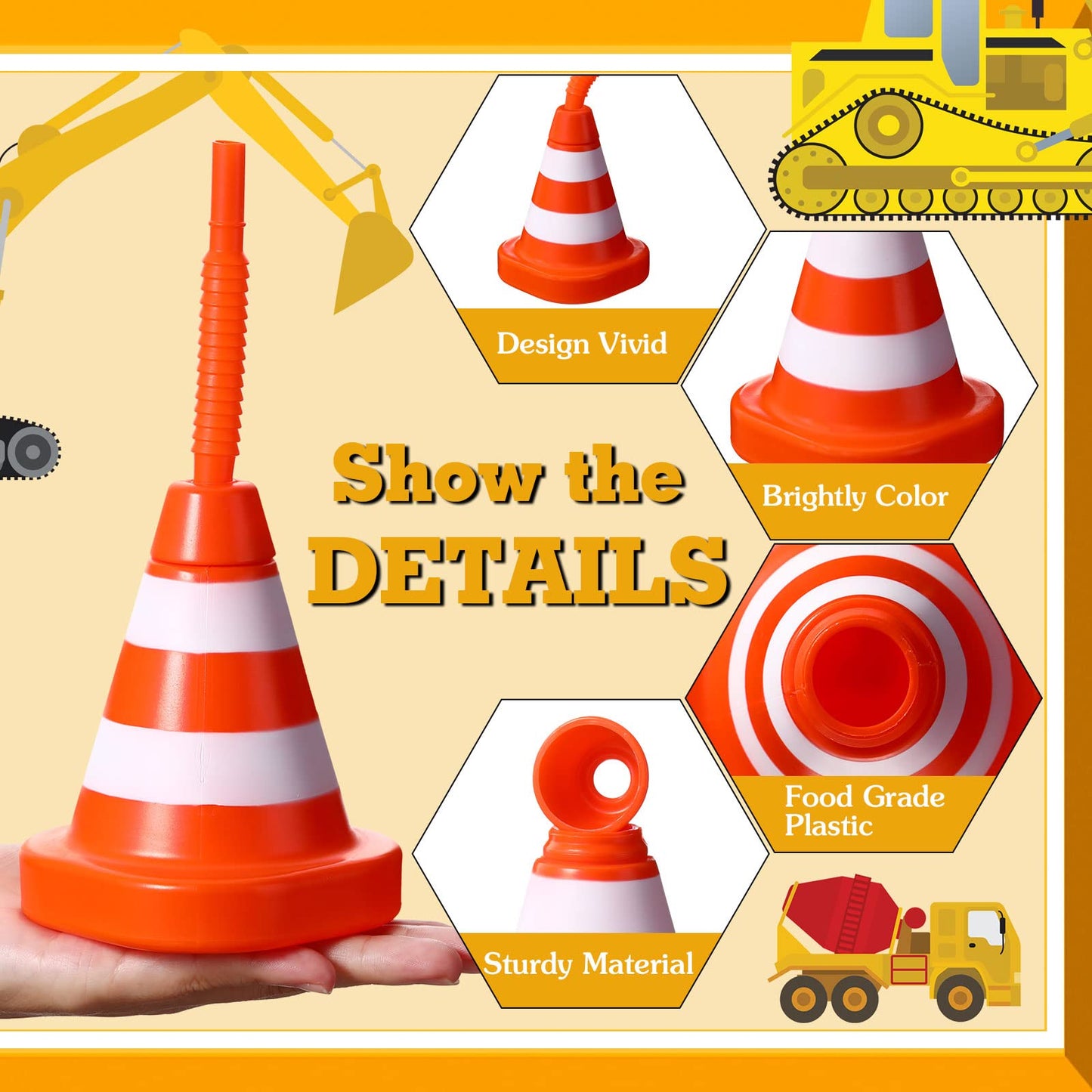 Sawysine 8 Pack Construction Cone Cups with Straws Bulk, Traffic Cones Party Favor 10 oz Plastic Reusable Kids Race Cups Set for