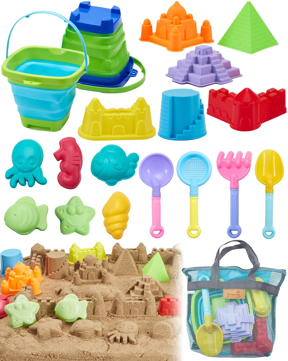 Beach Toys For Toddlers 1-3, Beach Toy Sand Toy For Kids Ages 4-8, 2 Collapsible Sand Bucket And Shovels, Mesh Bag, Sand Castle