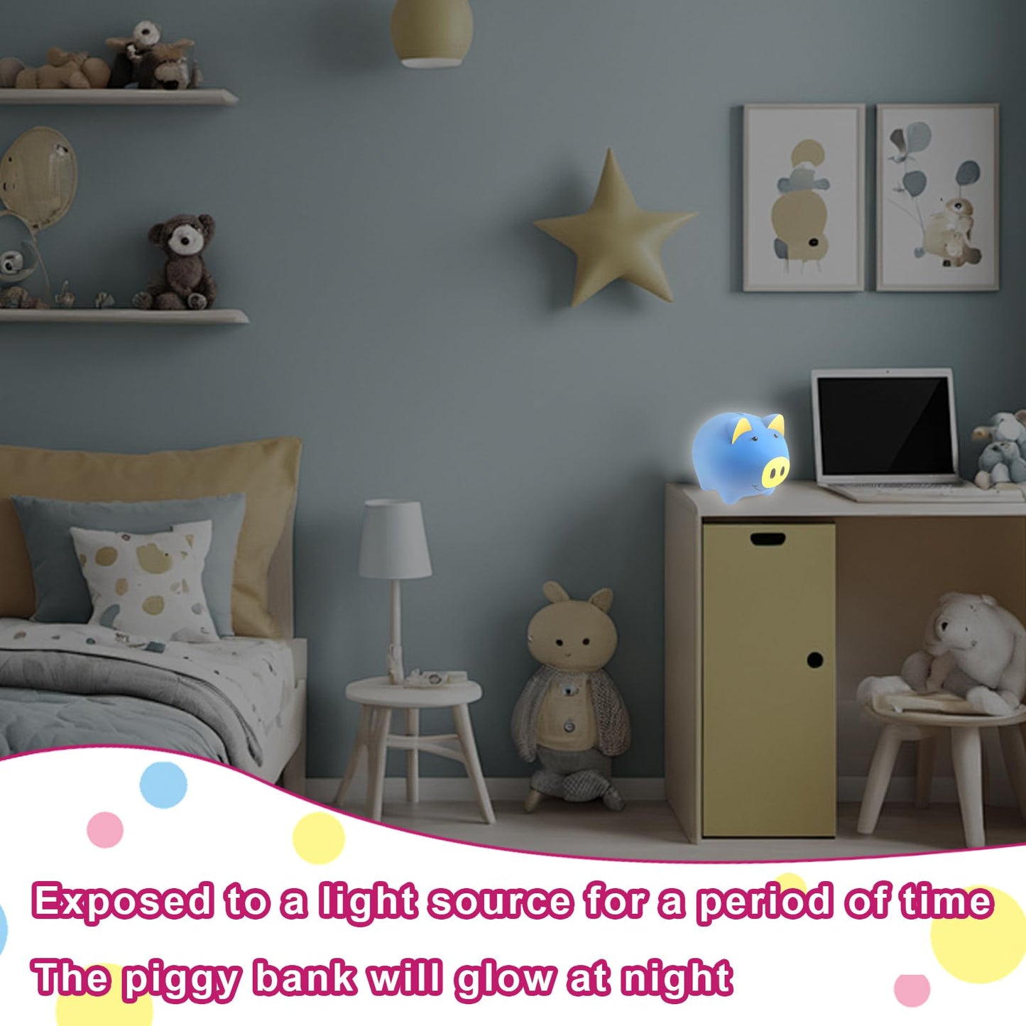 Laebuild Piggy Bank For Kids - Cute Piggy Bank For Boys And Girls - Unbreakable Plastic Money Bank - Pig Shape Coin Bank - Children'S Toy Safe Fluorescent Gift Savings Jar - Dark Blue