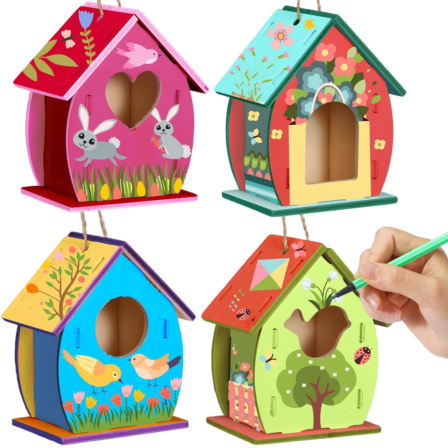 Outus 12 Pcs DIY Wooden Birdhouse Kit,4 Shapes Unfinished Bird House Painting Crafts for Kids with Watercolor Pen and Butterfly
