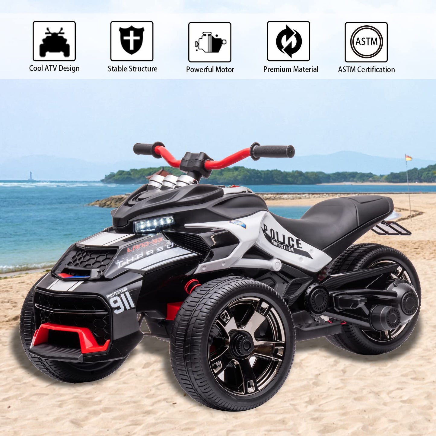 Postack 24V Kids Ride On Police Motorcycle, 3 Wheeler Ride On Atv For Boys Girls, Battery Powered Electric Vehicle For Toddlers