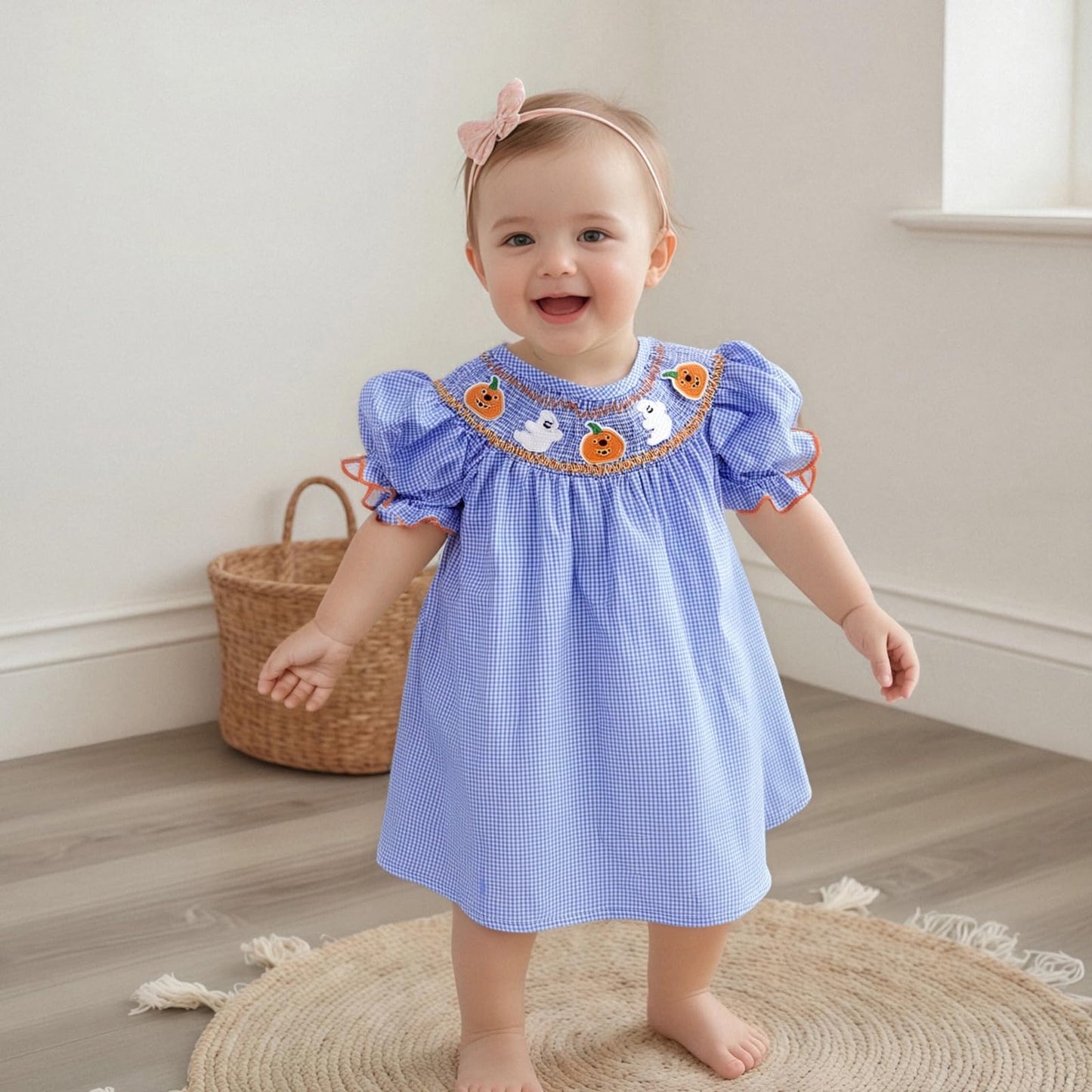 Toddler Girl Back To School Clothes Embroidery Smocked Dress Doll Collar Sundress First Day Of Pre Kindergarten Outfit (Ghost Pu