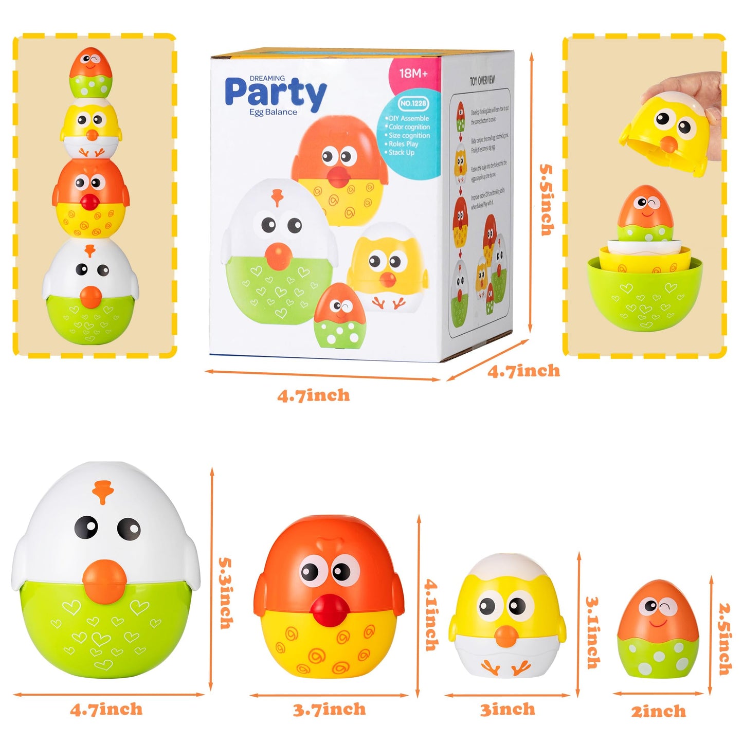 Hiemao Easter Eggs Toys For Toddlers, Nesting Dolls & Stacking Eggs, 4 Pcs Easter Basket Stuffers Chicken Matching Toys, Easter