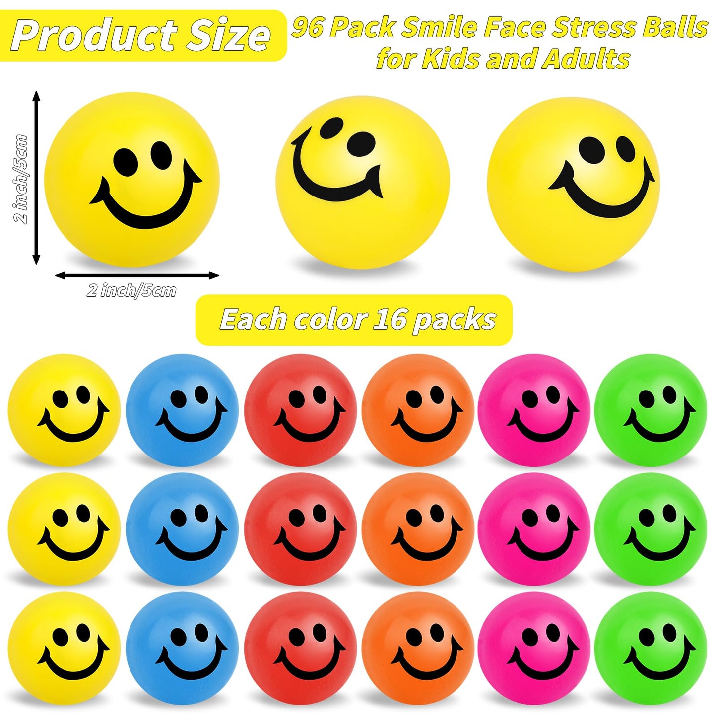 96 Pack Smile Face Stress Balls Bulk 2 Inch Funny Face Stress Relief Balls Colorful Mini Squeeze Balls Foam Smile Face Toys For
