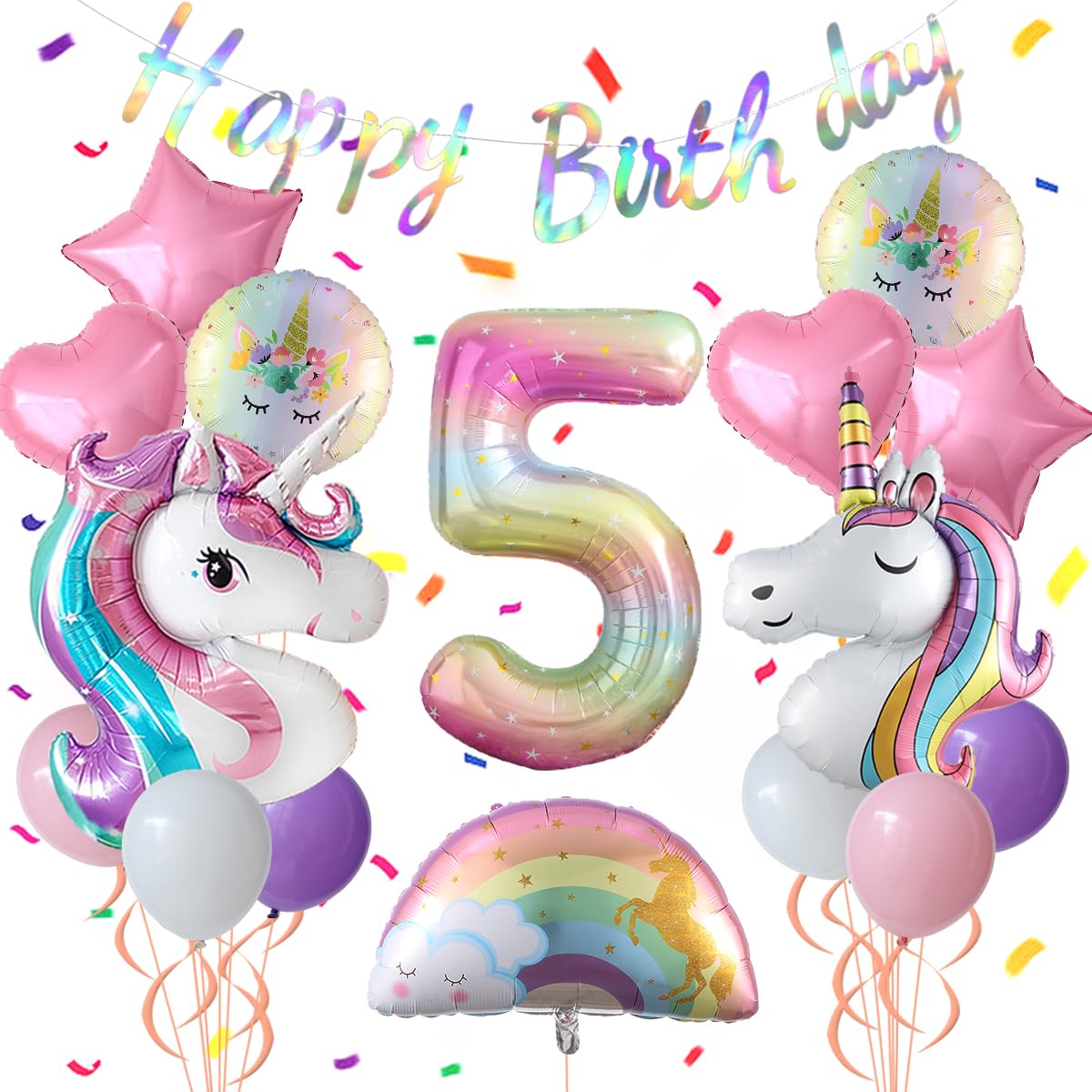 Heukikt Unicorn 5th Birthday Decorations Set - Rainbow Helium Balloons, Pink & Purple, Heart & Star, Baby Shower Supplies