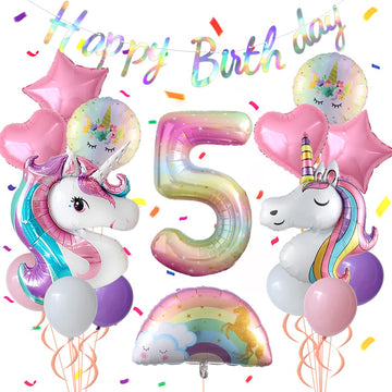 Heukikt Unicorn 5th Birthday Decorations Set - Rainbow Helium Balloons, Pink & Purple, Heart & Star, Baby Shower Supplies
