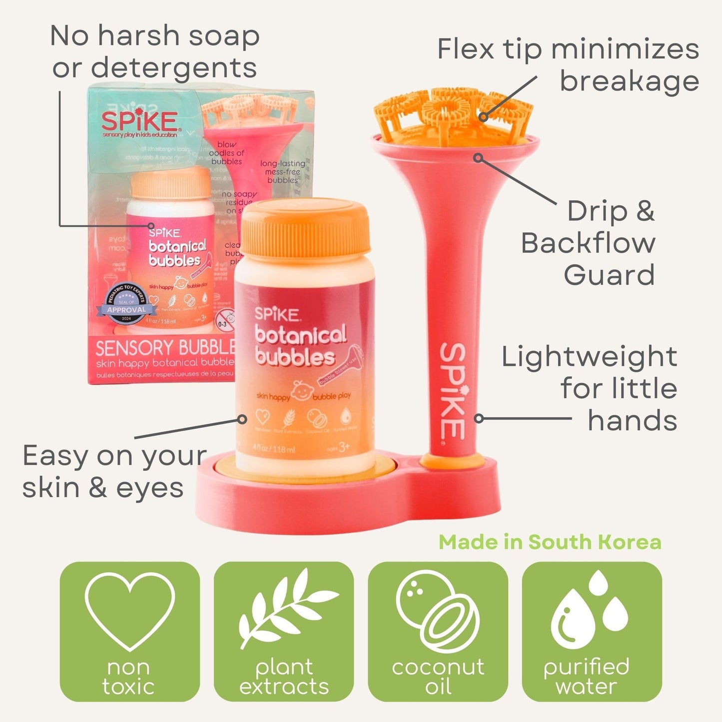 Innobaby Spike Bubble Blower with Mess Free Botanical Bubbles and Dipping Tray - Pink Color - Magic Wand Blows Oodles of Bubbles Without The Mess - Recommended for Speech  Visual & Motor Development