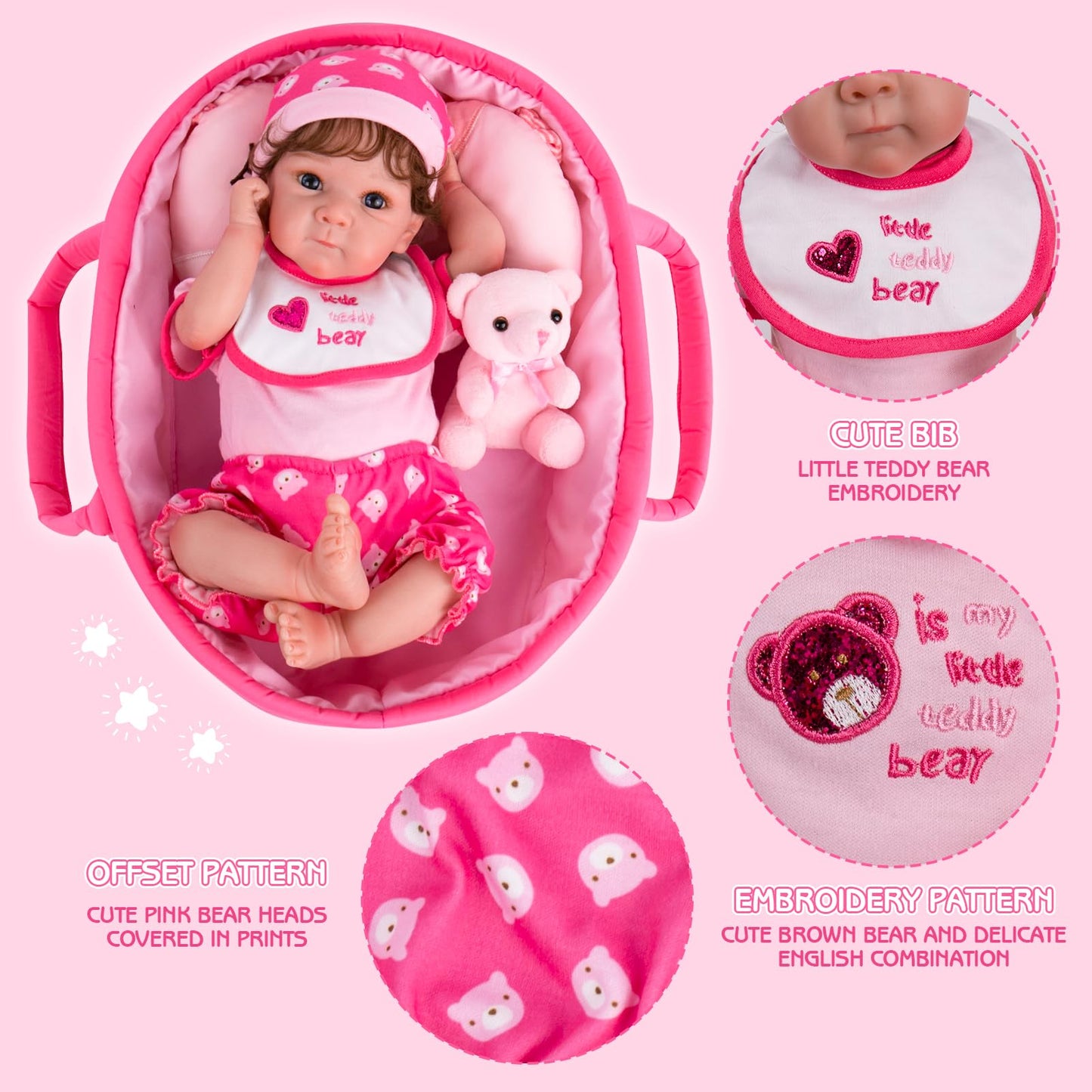 Aori 10 Pcs Reborn Baby Dolls Clothes Set with Pink Bassinet for 16-18 Inch Baby Doll, Carrier Bed and Baby Doll Clothes Outfit