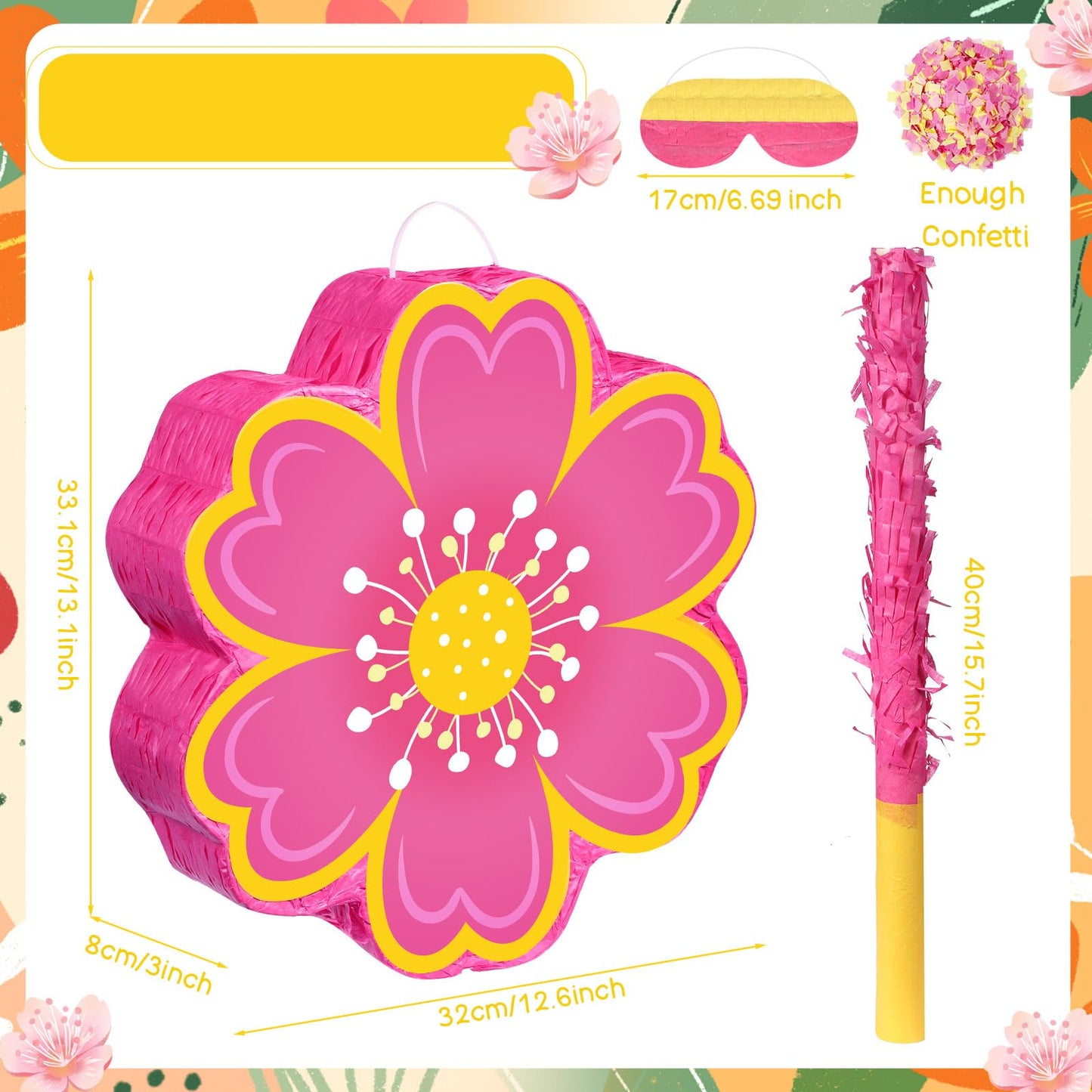 Aoriher Daisy Flower Piñata Set - Pink, Paper, Includes Blindfold & Bat, Perfect for Birthday, Baby Shower, Gender Reveal, Wedding