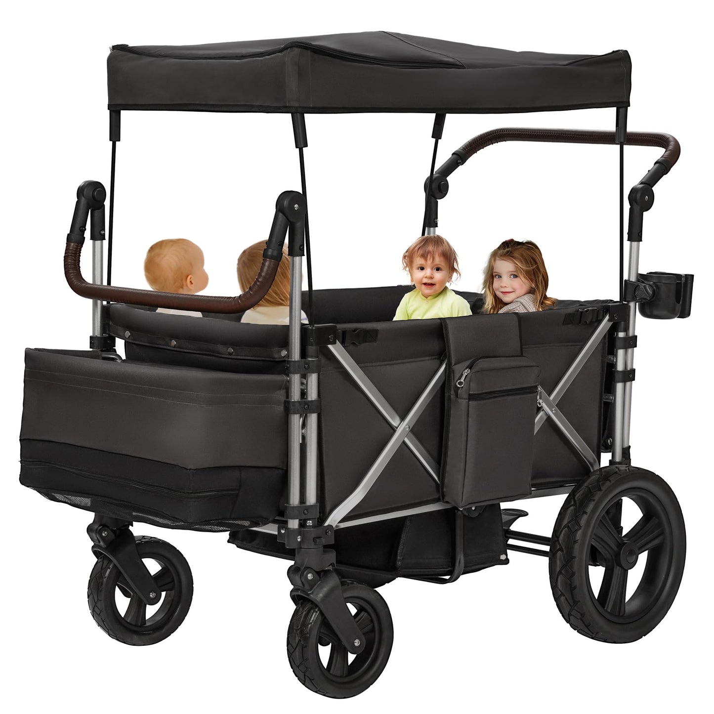 Real Relax Stroller Wagon for 4 Kids, Foldable 4 Seater Wagon Stroller, Kids Wagons with 5-Point Safety Harness, UV-Protection C