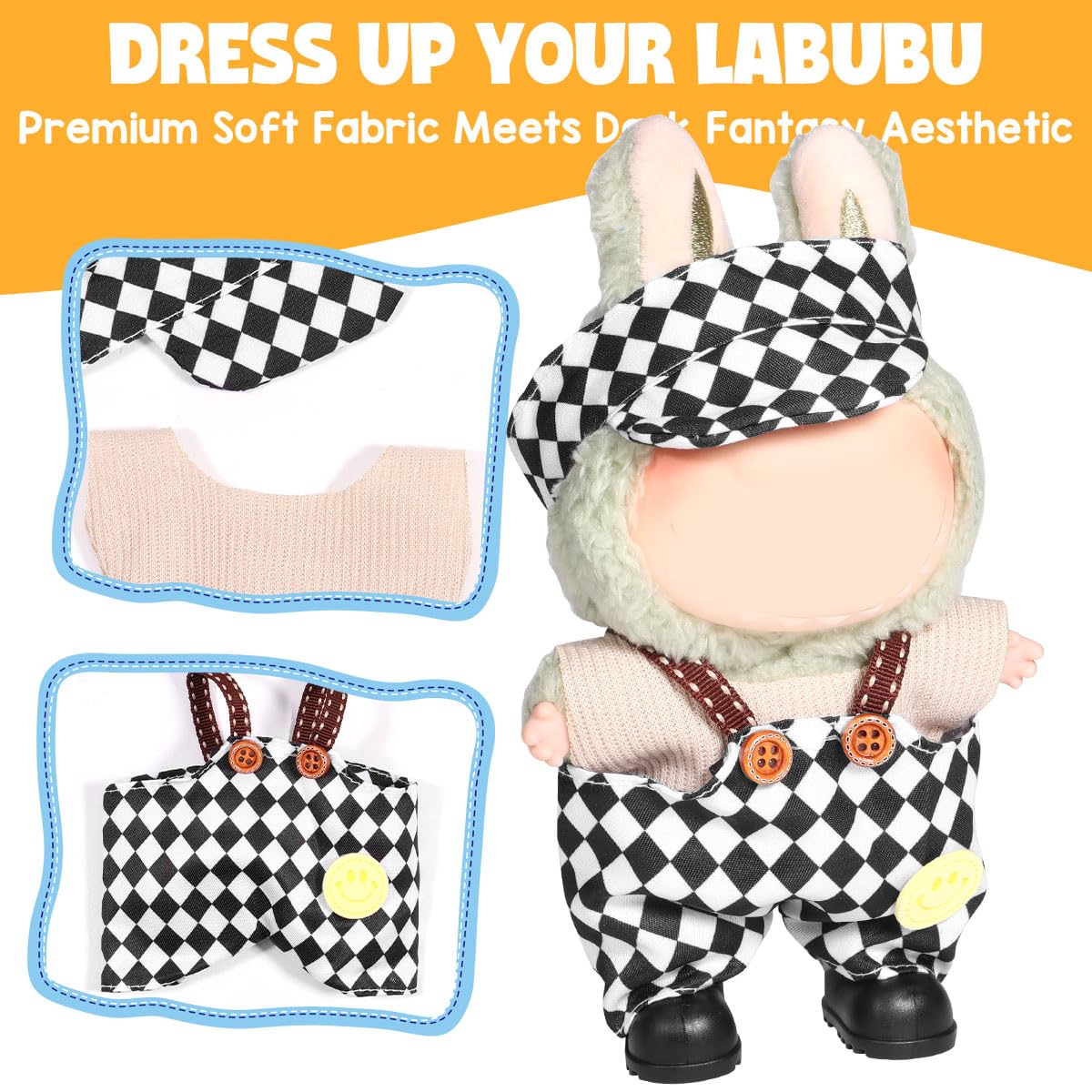 AICase for Labubu Clothes/for Labubu Outfits Clothes Set for 17cm Lububu Doll 3 Piece Set Hat Clothing for LA BUBU  Boys and Girls Stylish Adorable Dolls Clothes Accessories (No Doll)_04