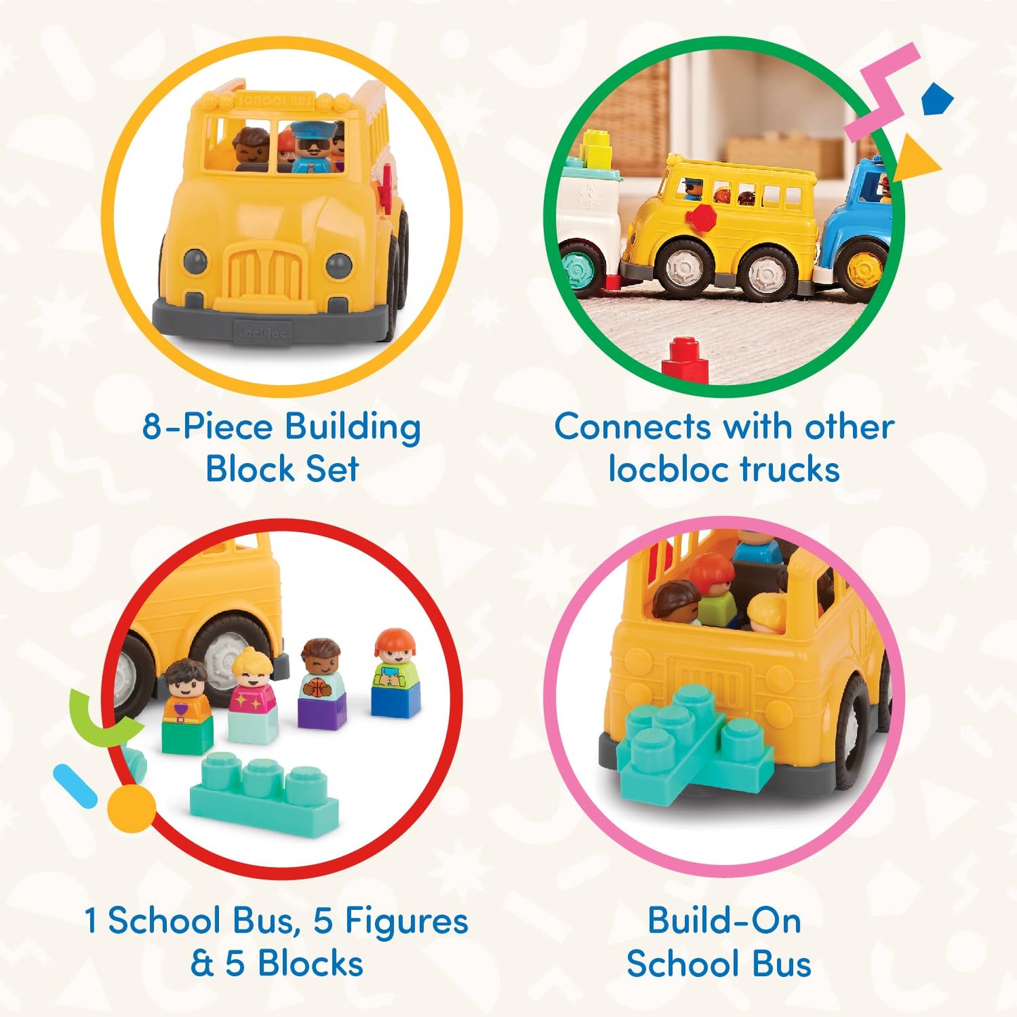 Battat - School Bus - 8Pc Construction Set - 5 Figures & 2 Blocks - Build-On Vehicle - 12 Months + - Locbloc School Bus