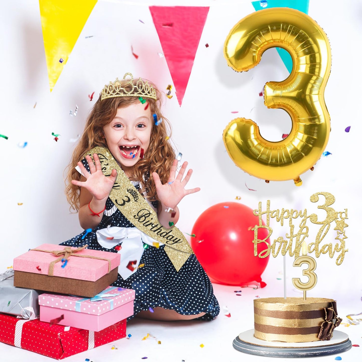 3rd Birthday Decorations for Girls, Including 3rd Birthday Sash and Tiara, Cake Topper and Candle 3, Number 3 Balloon Gold, 3 Bi