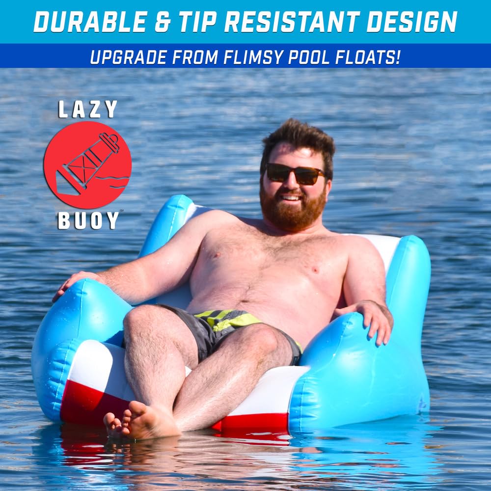 GoFloats Lazy Buoy Pool Lounge Chair - Large Blue Floating Chair with Cup Holders, Synthetic Material, Model LB-01