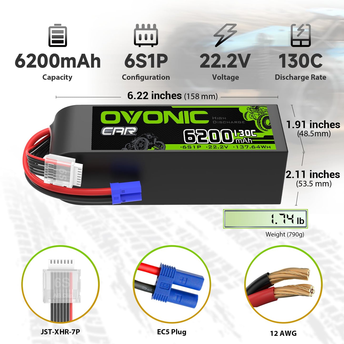 OVONIC 6S LiPo Battery 6200mAh 22.2V 130C RC Battery with EC5 Connector