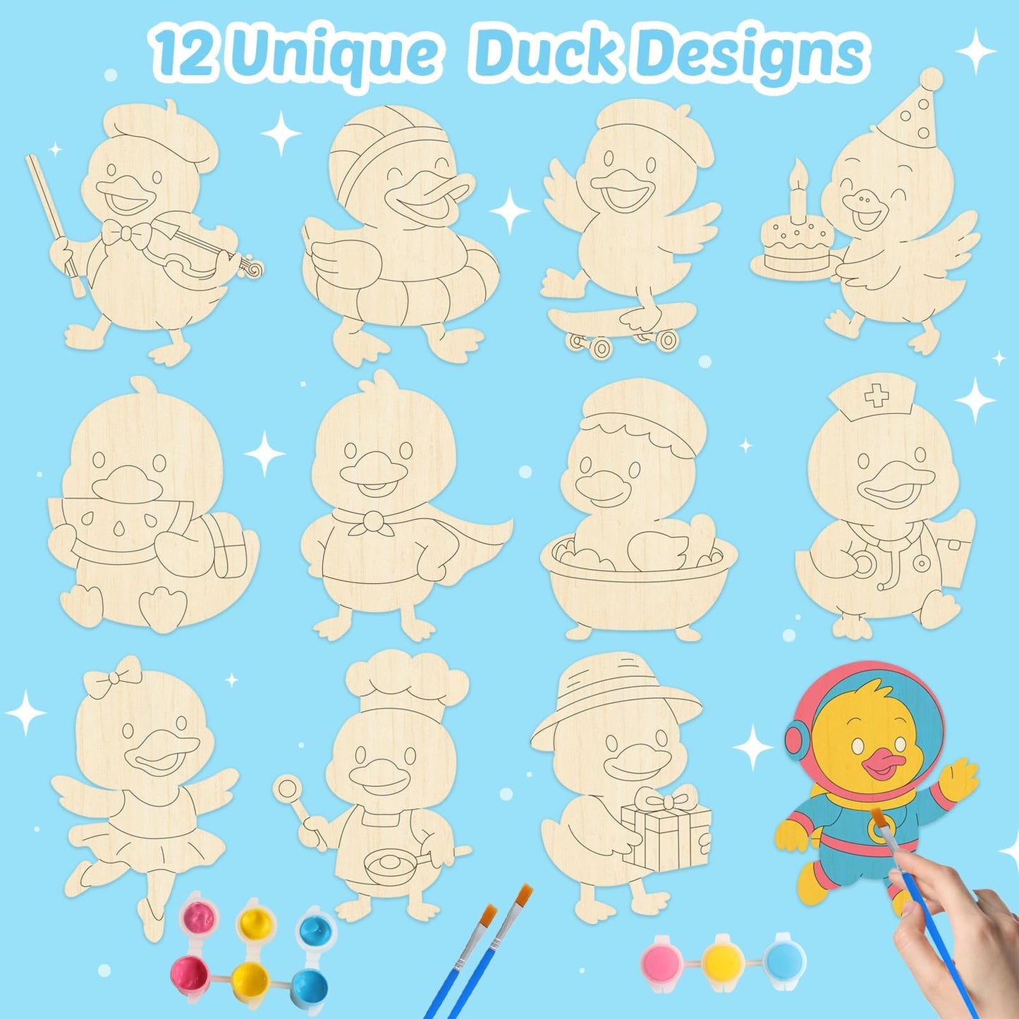 12 Pack Duck Party Favors for Kids - Individually Wrapped Paint Your Own Wooden Magnet Craft Kits with Thank You Card, Duck Birt