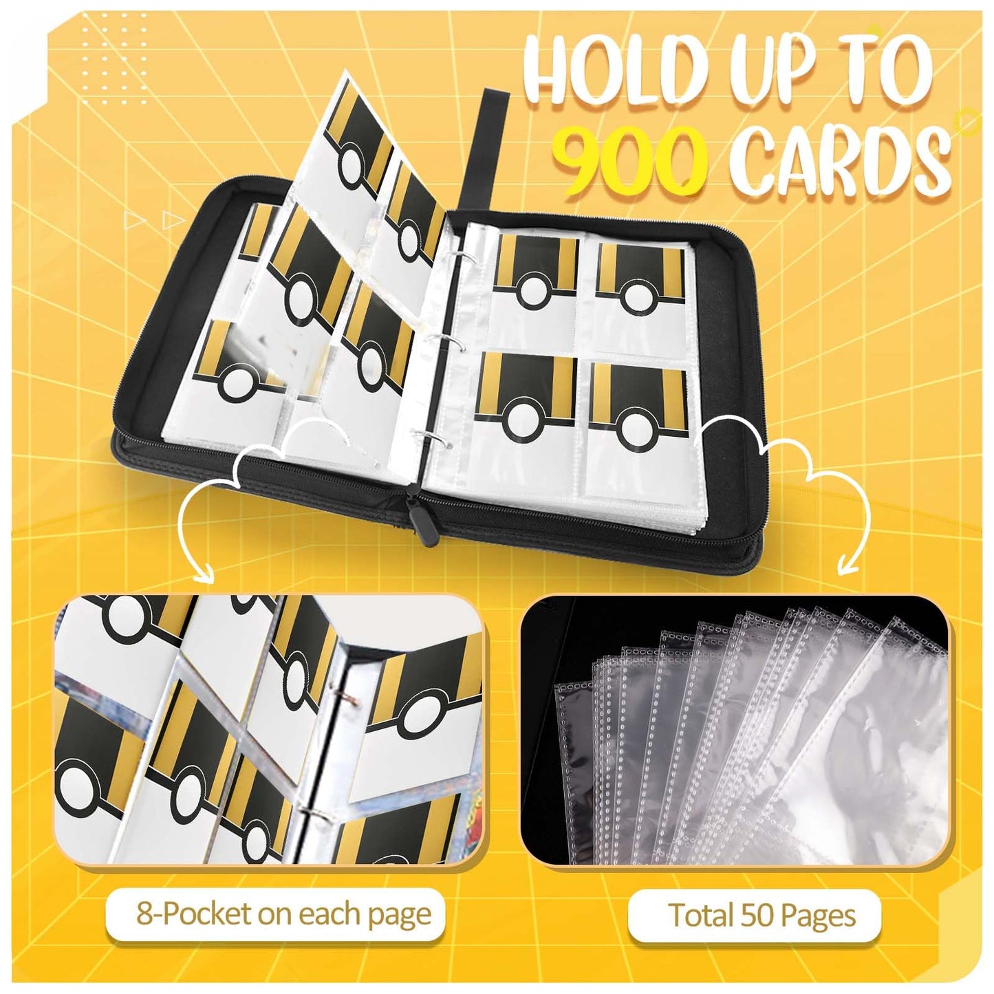 900 - Pockets Trading Card Binder with Removable 50 Sleeves  Card Collector Album with Zipper  Portable Card Holder Book Fits Sports Card  Game Card - Black