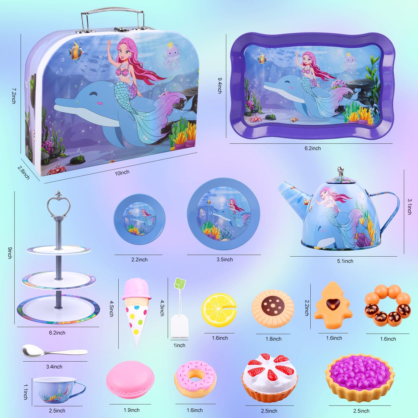 Auney 45 PCS Tea Set Toys for Girls, Mermaid Tea Party Set Toy Pretend Play Gifts for Little Girls, Girls Toys Gifts for Tea Tim