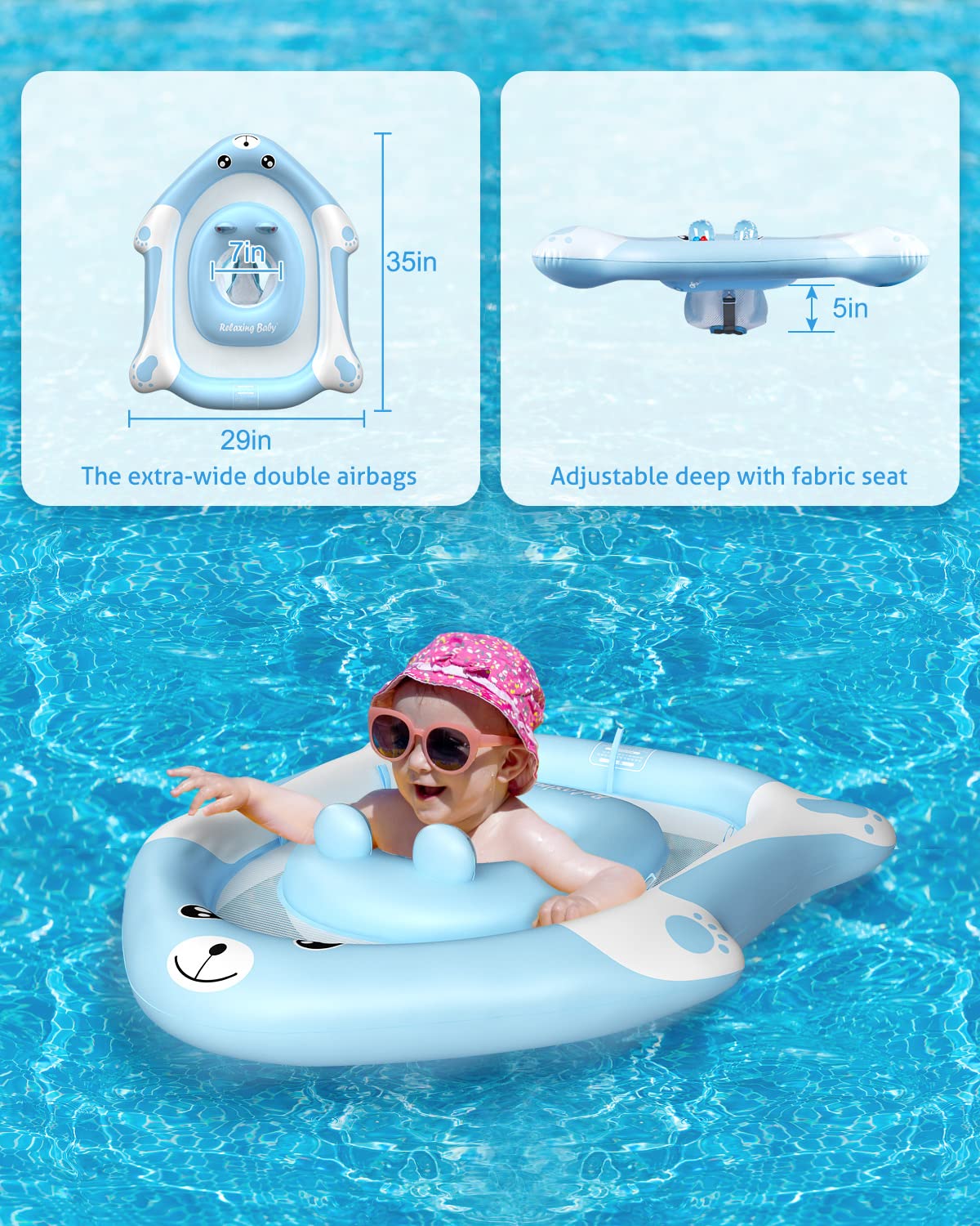 Relaxing Baby - Double Float with Adjustable Safety Seat,Canopy UPF 50+ Sun Removable,Inflatable Animal Style Float,Swimming Flo