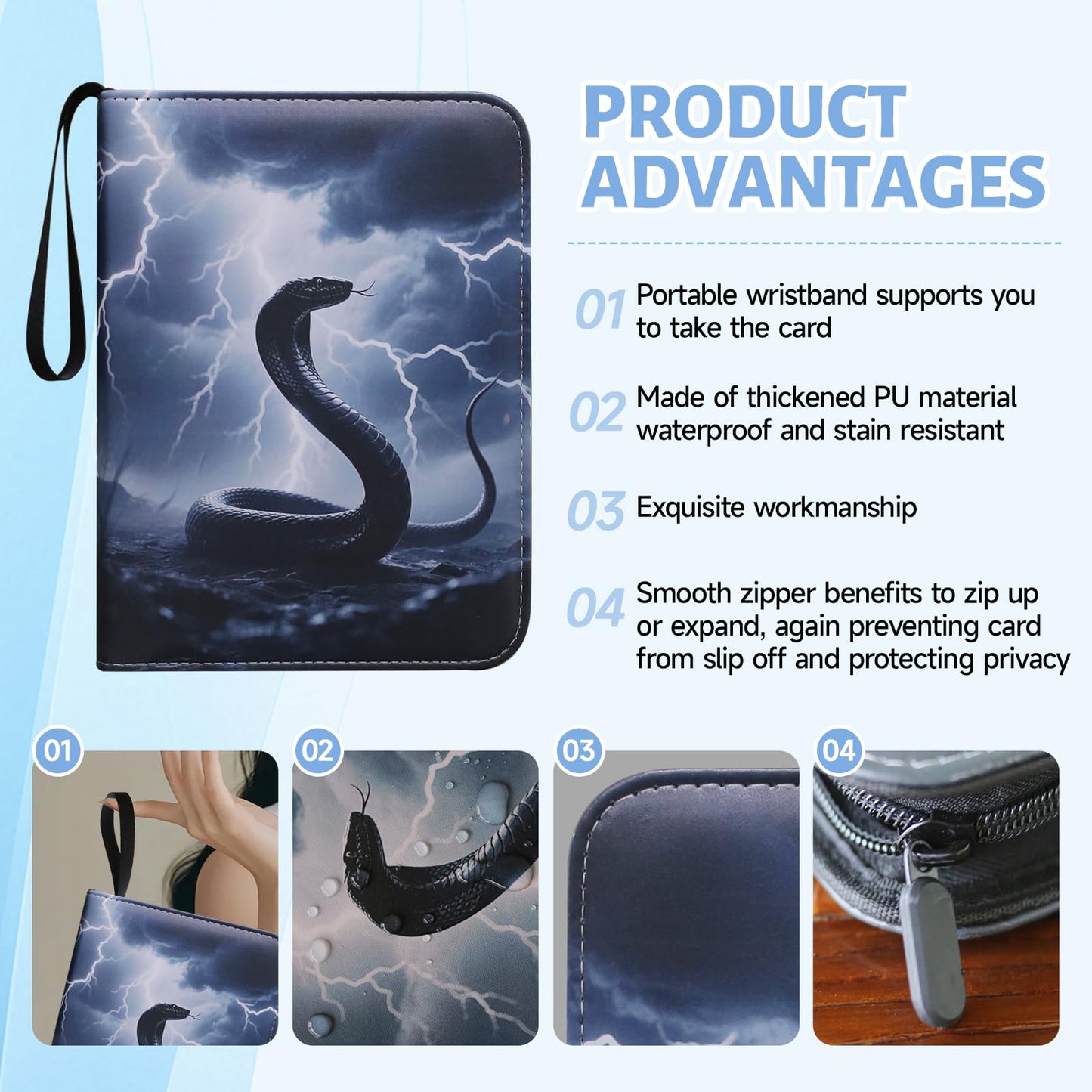 Sihdnok Trading Card Binder  enhanced 4-Pocket Album with 400 Removable Side-Loading Sleeves  PU Waterproof  Cool Black Serpent Cover  Gray Holder for Game  Sports  Business  and Coupon Cards