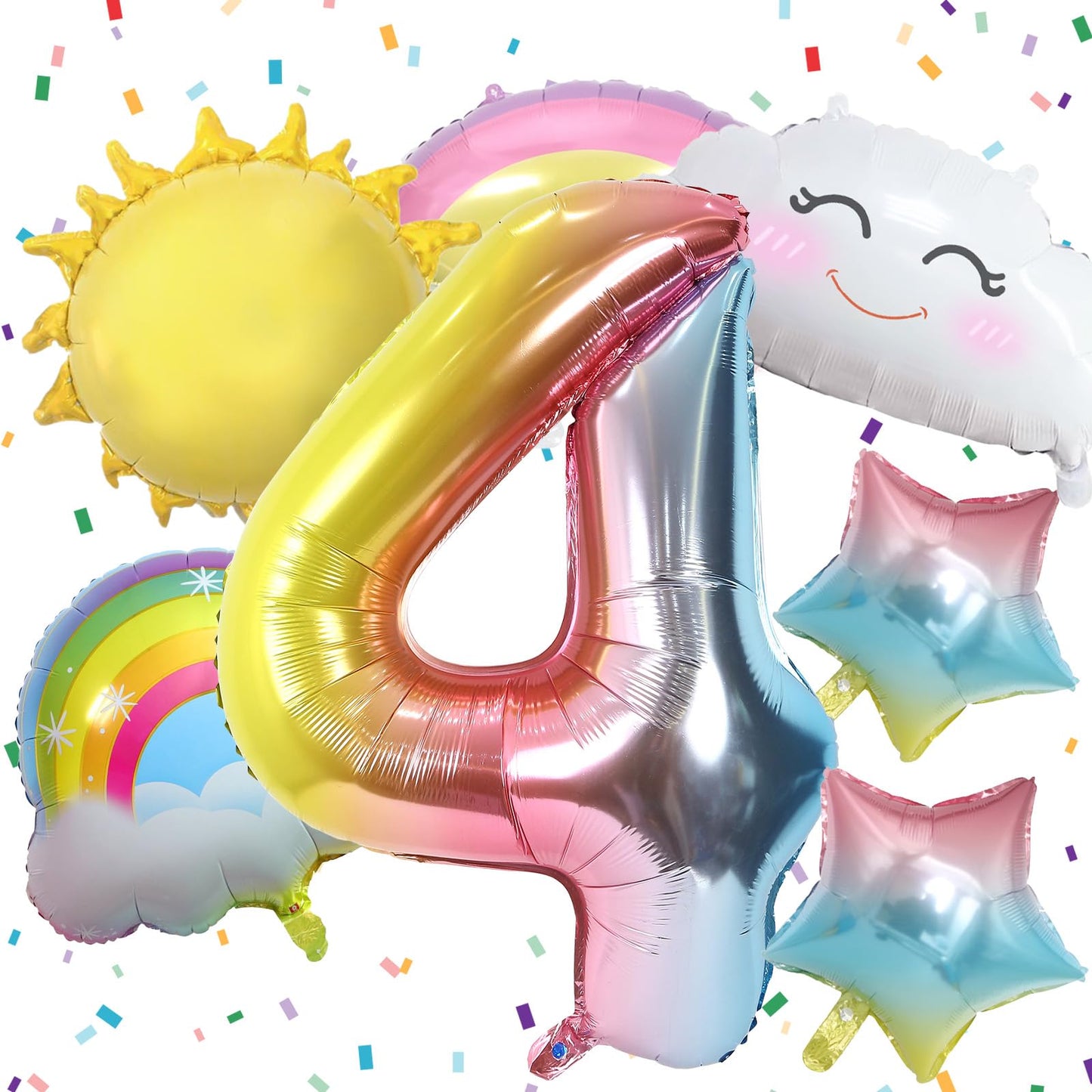 4Th Birthday Decorations Girl, 4Th Rainbow Birthday Balloons Set With Sun Rainbow Gradient Stars And 40 Inch Number 4 Foil Ballo
