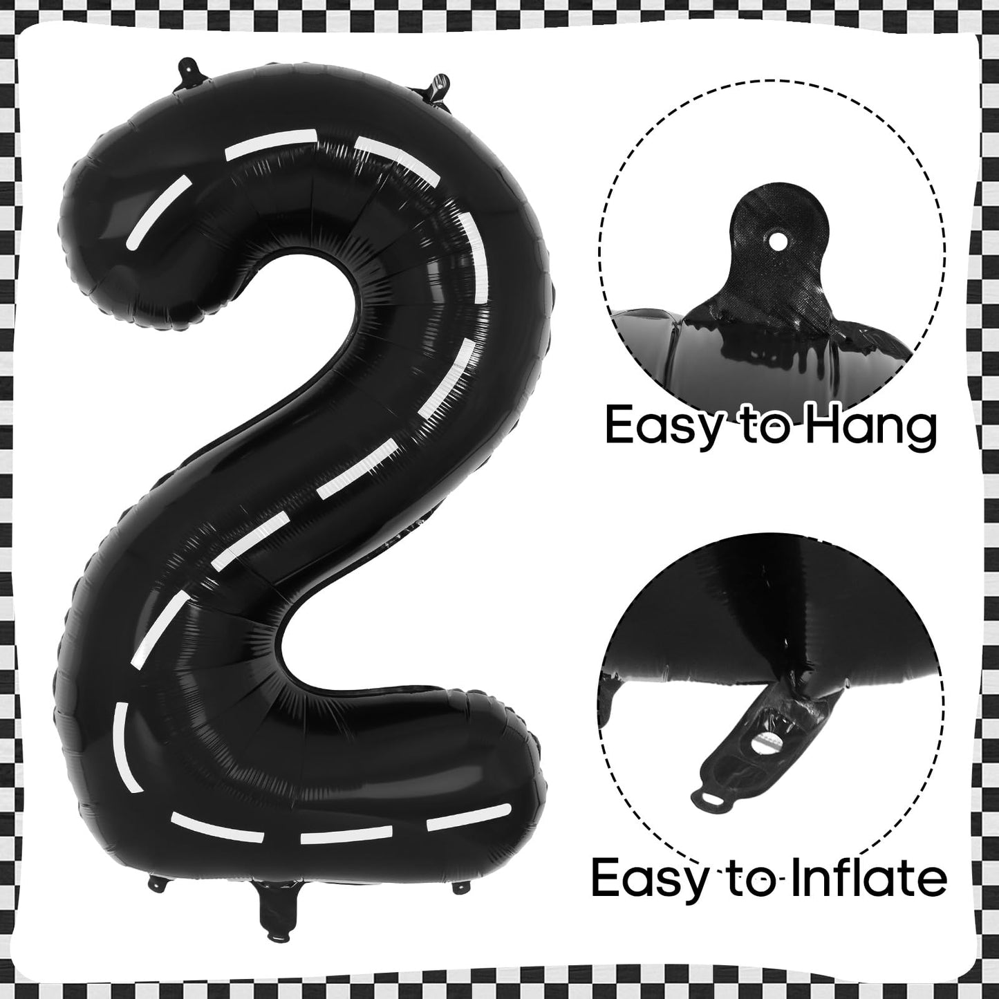 Race Car 2 Balloons, 40 Inch Racetrack Number 2 Balloon, Large Foil Mylar Racetrack Black 2 Balloon For 2 Year Old Birthday Race