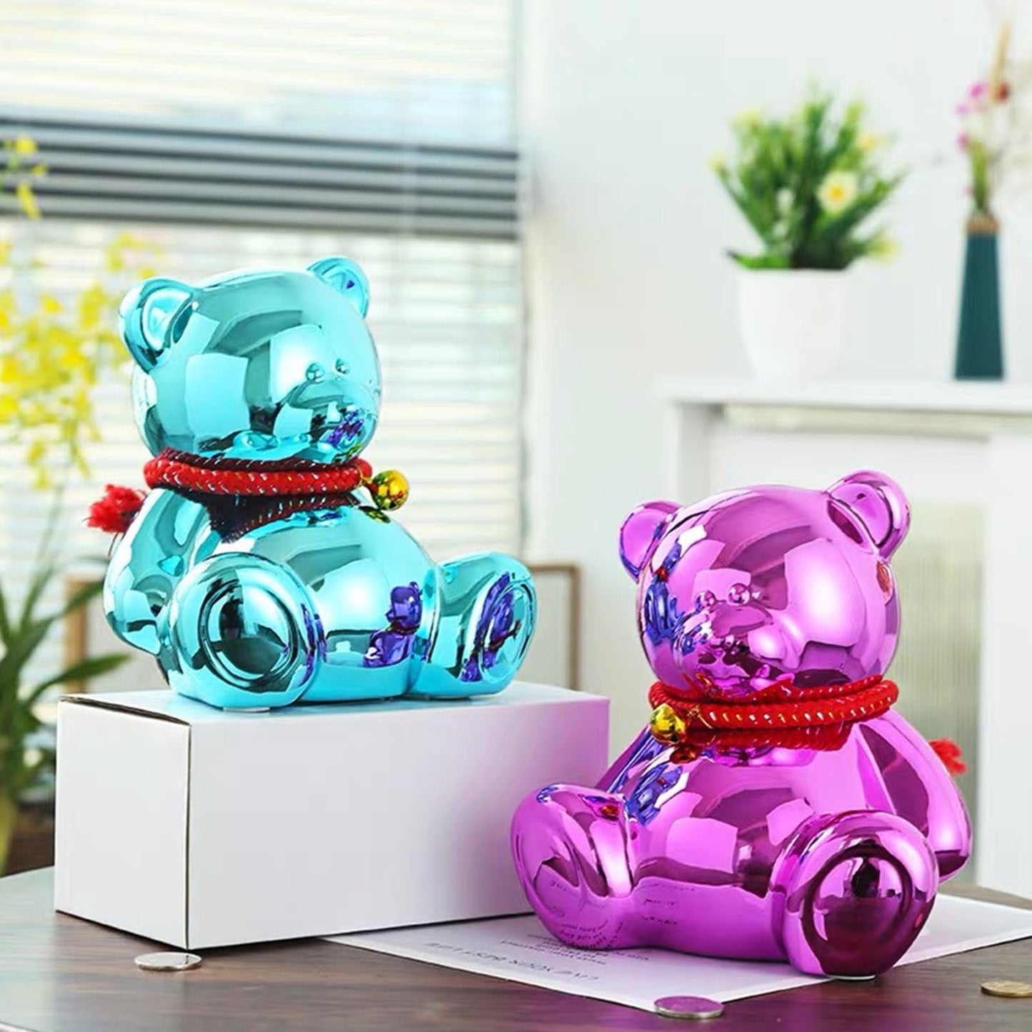 SOBEIT 7.36inch Bear Piggy Bank | Cute Bear Coin Bank | Shiny Plating Craftsmanship | Meticulous Details | Ceramic Bear Money Bank for Kids Girls Boys mature-themed(Blue/6.88 L x 5.62 W x 7.36 H)
