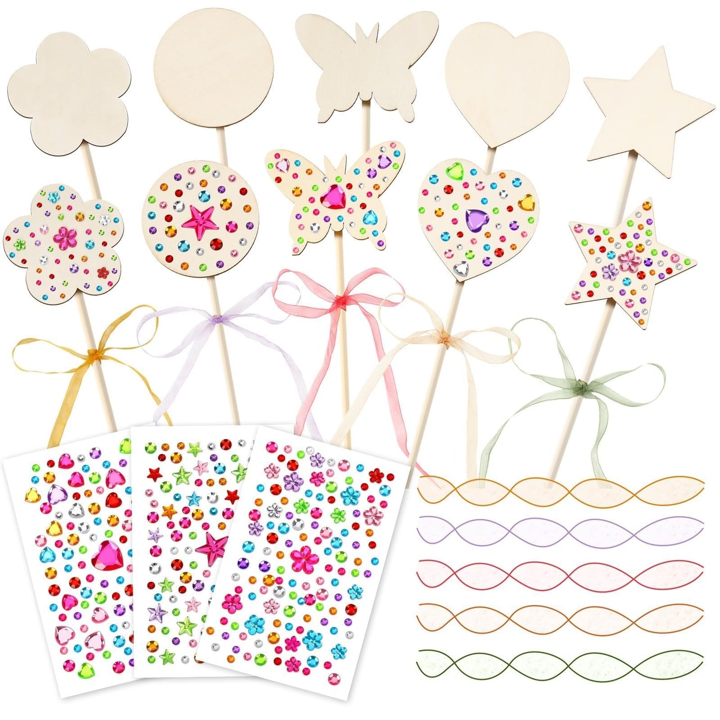 AUGSUN 43Pcs Princess Fairy Wands Kit, 20Pcs Wood Fairy Wands 20 Ribbons with 3 Sheets Gem Stickers Birthday Party Supplies Make