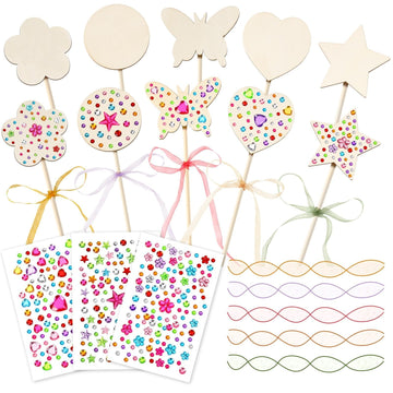AUGSUN 43Pcs Princess Fairy Wands Kit, 20Pcs Wood Fairy Wands 20 Ribbons with 3 Sheets Gem Stickers Birthday Party Supplies Make