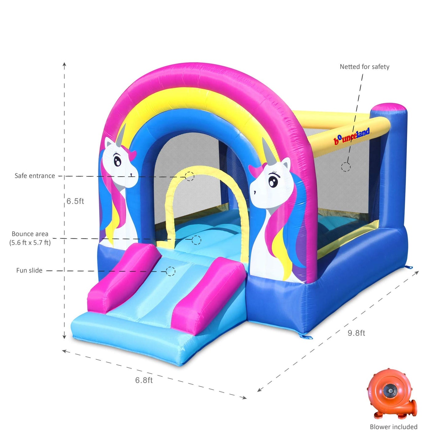 Bounceland Rainbow Unicorn Bounce House with Slide, 9.8 ft L x 6.8 ft W x 6.5 ft H inflated Size, UL Certified Blower Included,