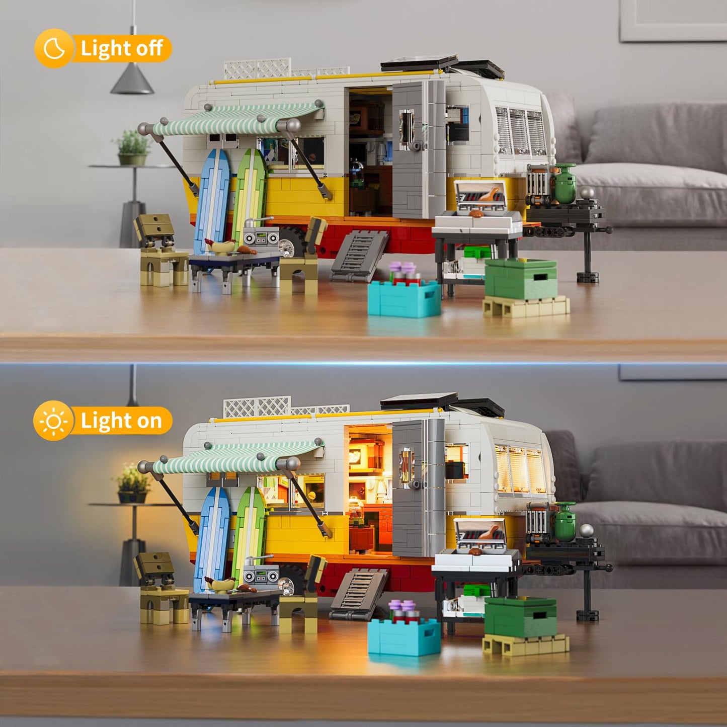 Funwhole Travel Trailer Lighting Building-Bricks Set - Classic Camper Van For Beach 1325 Pcs Creator Vehicle Kit For Adult And Teens