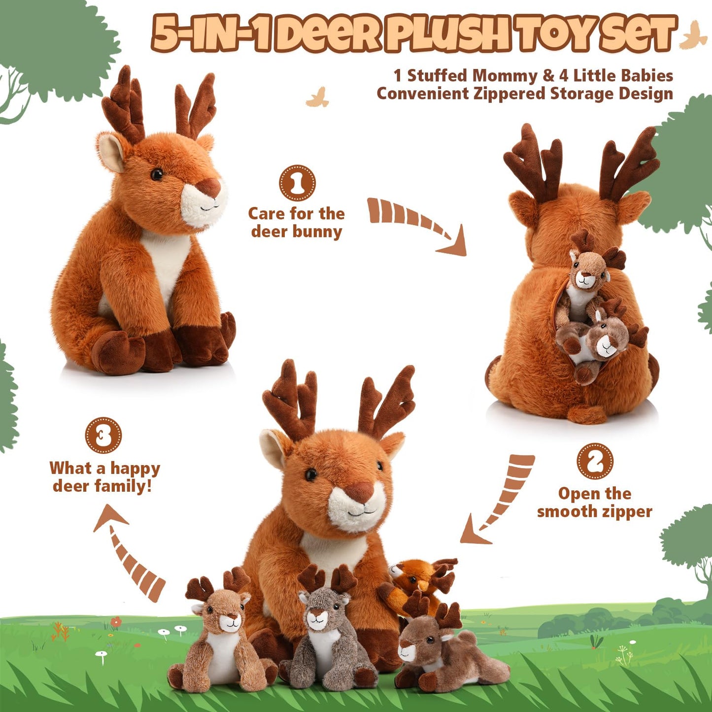 Poen Plush Deer Stuffed Animal Set 16 Inch Cuddly Mommy Deer Plush With 4 Cute Little Plushes In Her Zippered Tummy For Kids Birthday Baby Shower Decor Gift Woodland Party Favors(Sitting)