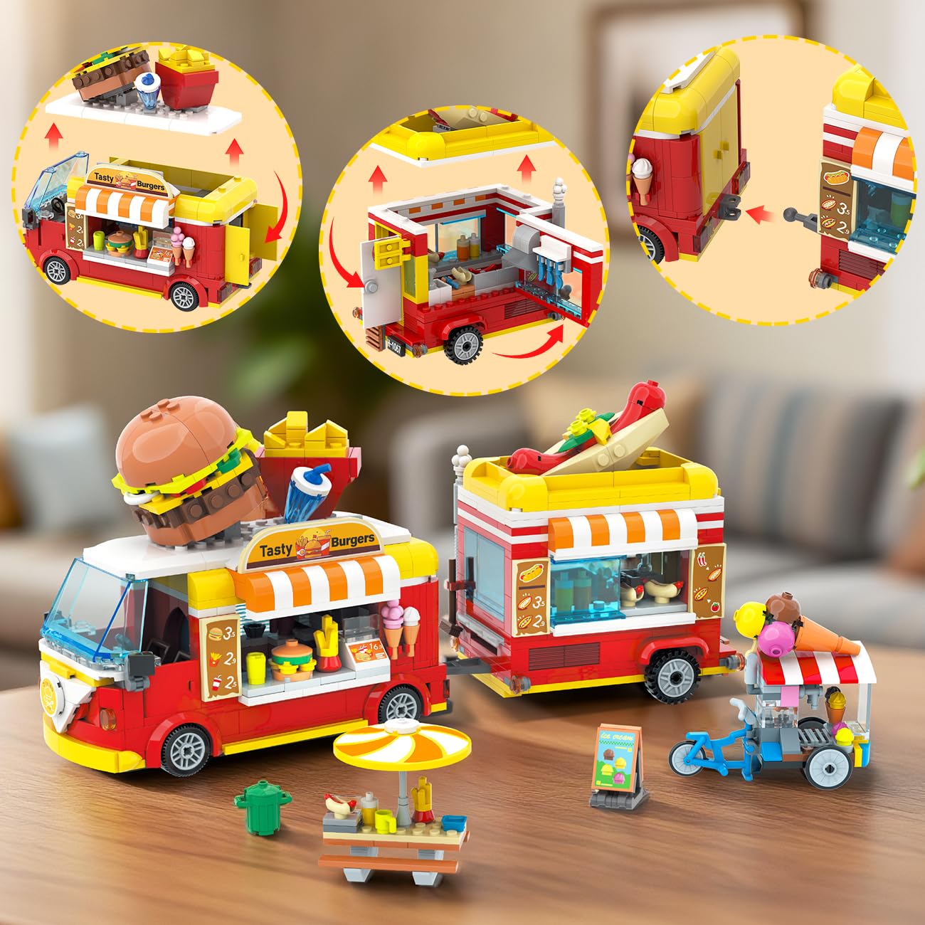HOGOKIDS City Burger Truck Building Toy - 2 in 1 Burger Van & Restaurant Set, 826PCS, Plastic, Red/Yellow/White, Model HG1067