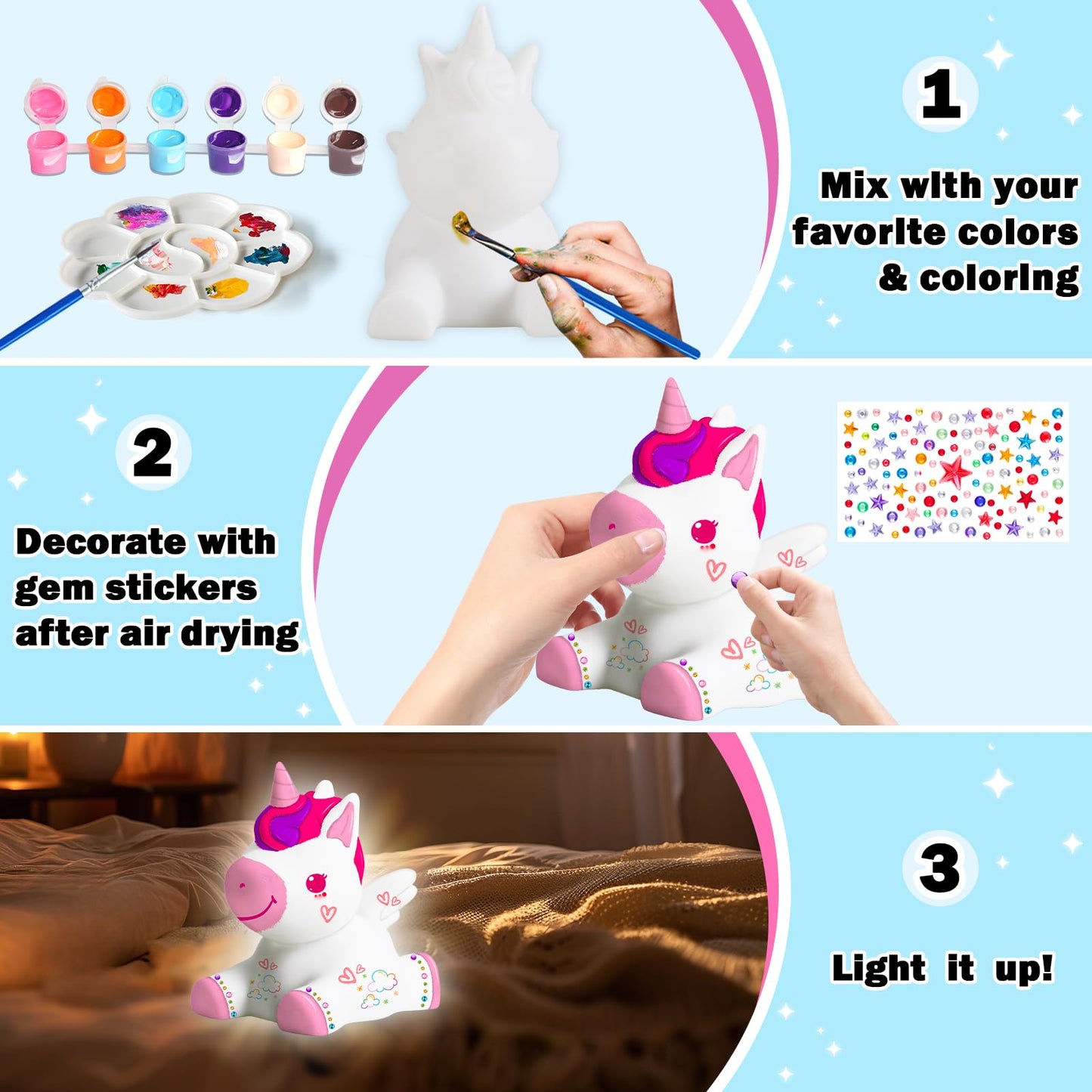 FUNZBO Paint Your Own Unicorn Lamp Kit - Arts and Crafts Supplies Painting Kits for Kids Teens Adults, DIY Night Light Unicorn T