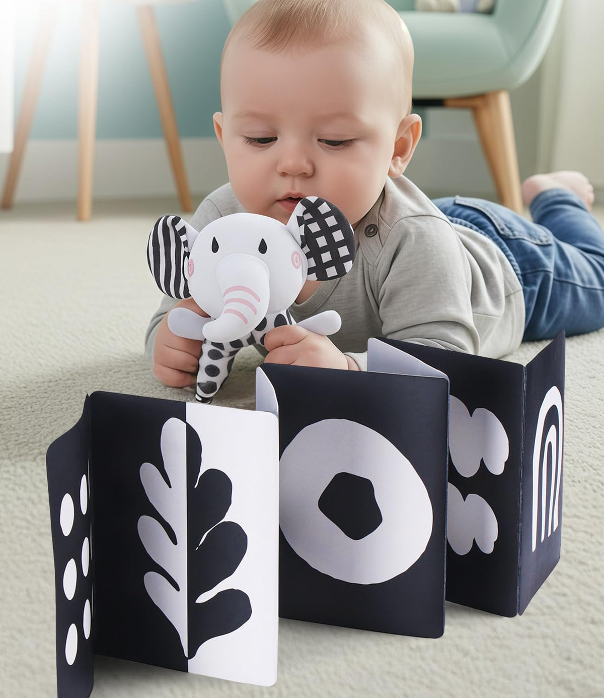 Intellibaby High Contrast Black & White Flashcard & Elephant Rattle Set For Newborn Babies, Soft Animal Toy For Toddlers 6+ Mont