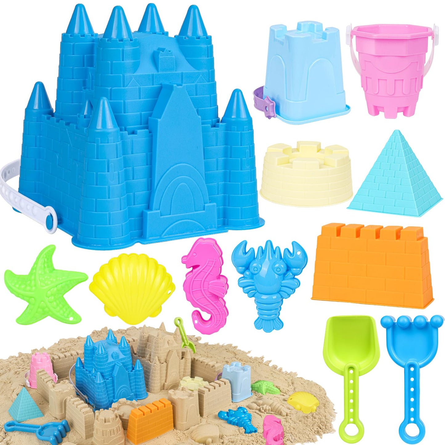 FUSPWEAO Beach Toys Sand Toys for Kids, Sand Castle Toys for Beach with Sand Castle Bucket, Sand Molds, Shovel and Rake, Sand Ca