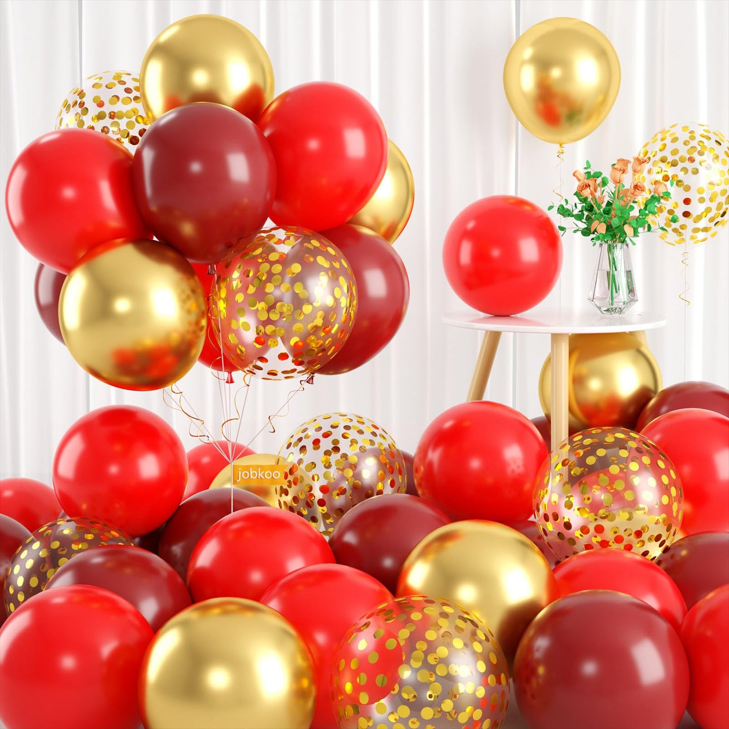 Red And Gold Balloons, Gold And Red Balloons Set With Gold Confetti Metallic Gold Balloons, Globos Rojos Red And Gold Party Deco